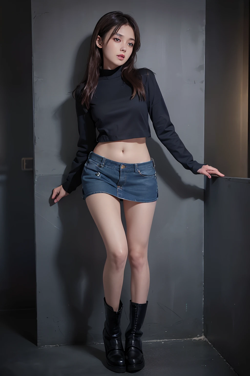 (masuter piece:1.3)、(8K、Photorealsitic、Raw photography、top-quality: 1.4)、(1girl in)、beautiful countenance、(Lifelike face)、(A dark-haired、Long)、
Beautiful hairstyle、realisticeyes、Beautiful details、(real looking skin)、Beautiful skins、absurderes、enticing、超A high resolution、A hyper-realistic、high-detail、the golden ratio、
((wide open abdomen))、((open abdomen))、((wide open navel))、((open navel))、((Mid-Riff Sweater))、((Ultra-low rise、Denim Mini Skirt))、
((Navel Ejection))、((small hips))、((long limbs))、((Full body depiction))、((small hip))、(boots)、((Ultra-low rise))、((Denim Mini Skirt))、
((is standing))、