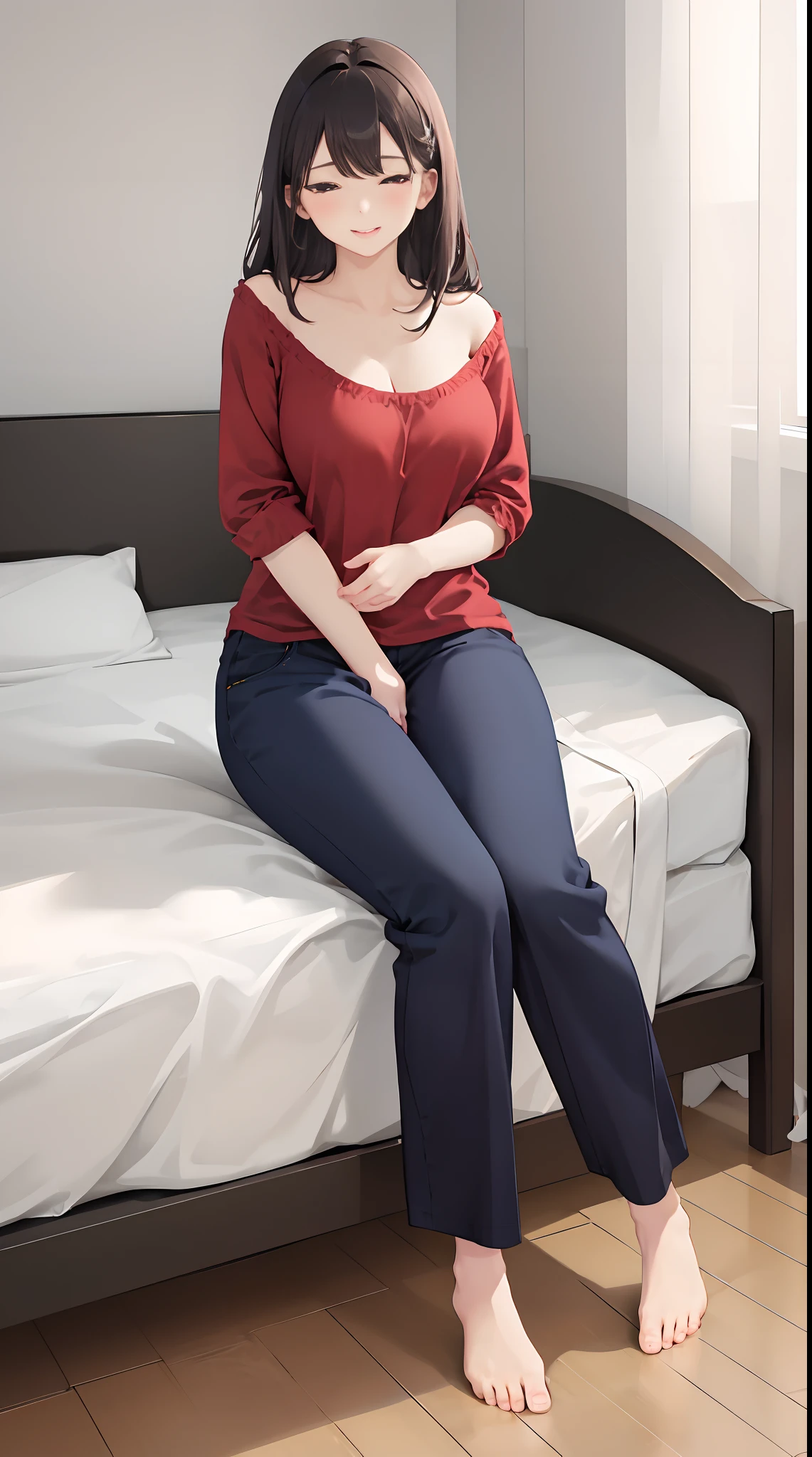 1girll, 独奏, wearing red,Wear brown casual trousers,sit on a bed,Oversized breasts,Perfect hands,Barefoot