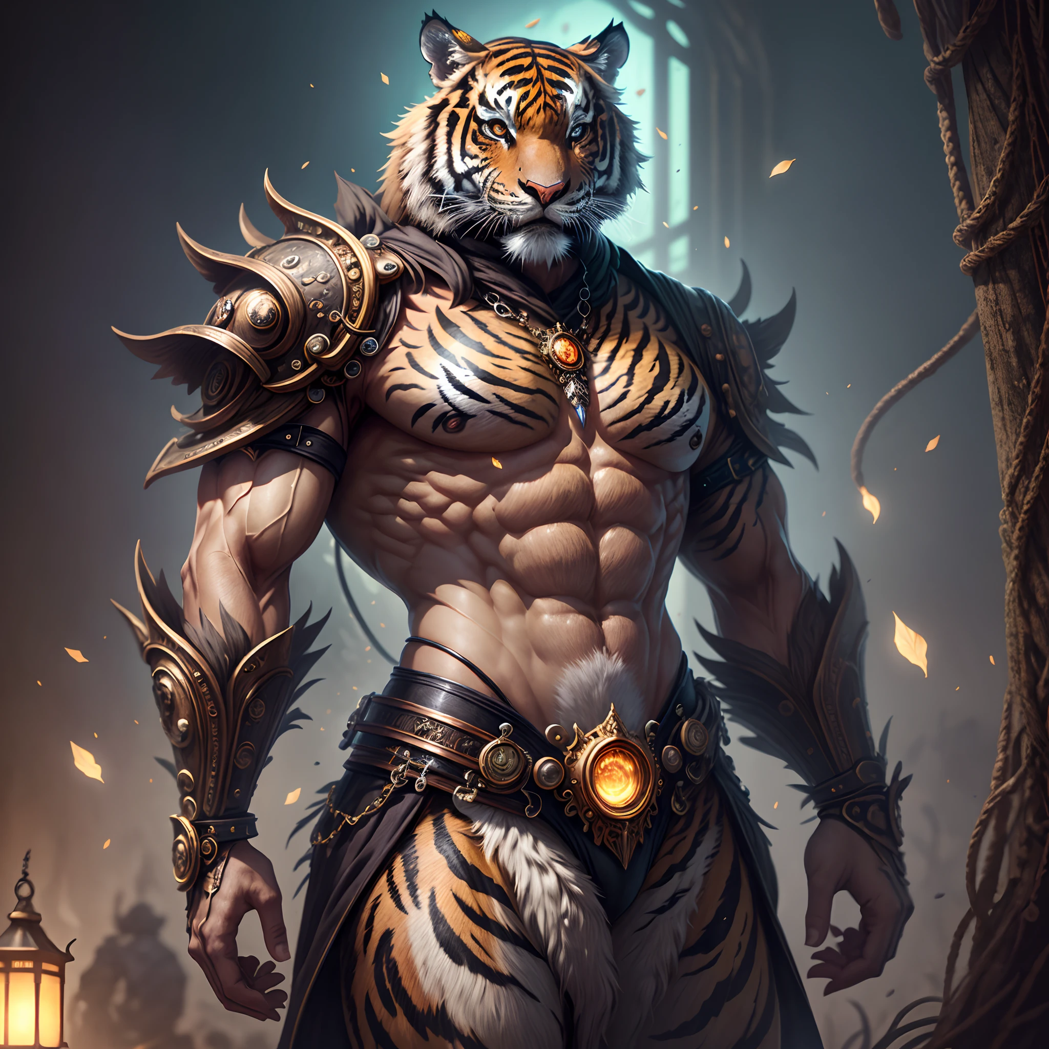 Generate a very muscular tiger, non humain dans le style du steampunk et de la fantaisie. The animal must be muscular and have clearly visible veins, Prehistoric style dress. Focus on the small details of fantasy and steampunk. camera: use an interesting and dynamic composition. Improve visual interest. lighting: Use ambient lighting that enhances the mood of fantasy. Inclure des couleurs vives et des ombres profondes. Embauche, detailled eyes, Hiring detailed eyes, Hiring small details, Fleuri, Intricate details, 8k, miroiter, unity, Moteur officiel CGI Unreal, High resolution, (((Masterpiece))), High quality, high resolucion, detail enhancement