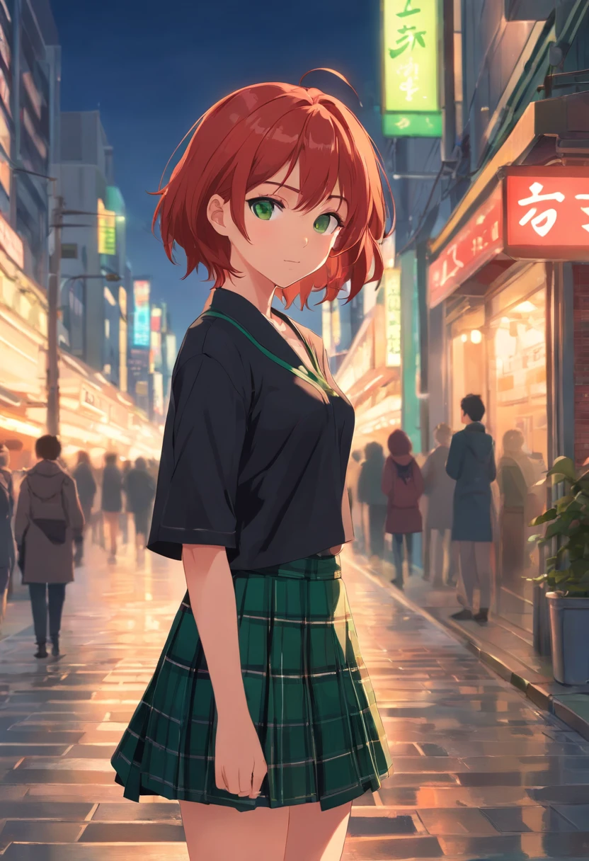 Young girl with very short red hair and green eyes, Beautiful figure and big breasts, black clothes and plaid skirt red and black