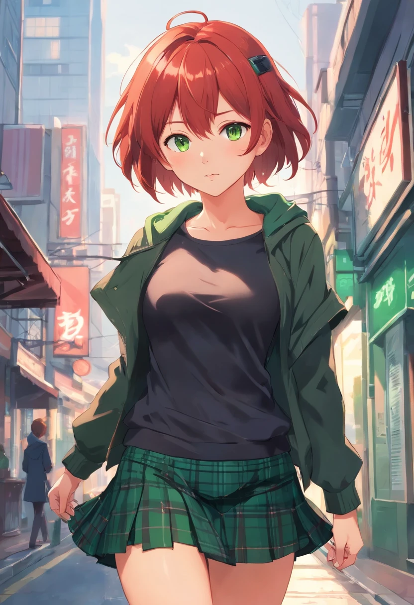 Young girl with very short red hair and green eyes, Beautiful figure and big breasts, black clothes and plaid skirt red and black