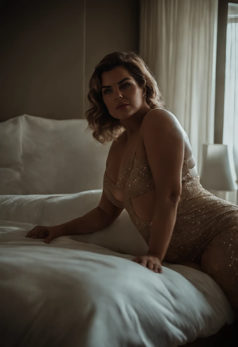 Mulher nua Gorda de cor branca totalmente seios fartos e realistas em pose sexy se insinuando com olhar fixo deitada numa cama de motel