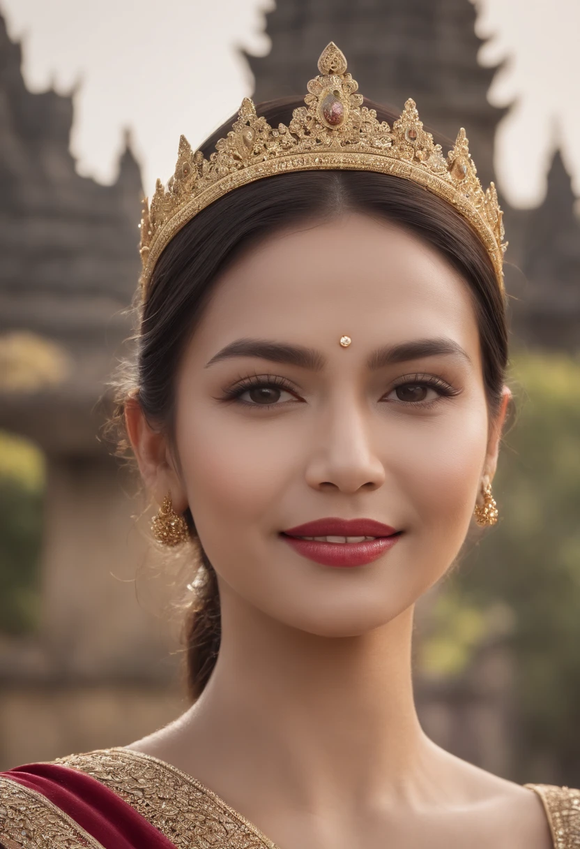 Queen Tribuana Tunggadewi, with a crown on her head, sweaty body, smiling, Sundanese ethnic, Majapahit kingdom in Java, Nusantara, with the Prambanan temple in the background, masterpiece, best quality, (detailed face, detailed skin texture, ultra-detailed body), realistic, 24mm, 4k textures, DSLR, HDR, best 8k, insane details, intricate details, hyperdetailed, hyper quality, great detail, ultra-detailed, soft cinematic light