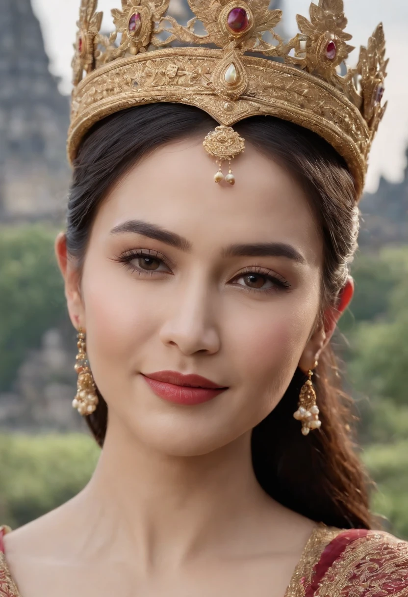 Queen Tribuana Tunggadewi, with a crown on her head, sweaty body, smiling, Sundanese ethnic, Majapahit kingdom in Java, Nusantara, with the Prambanan temple in the background, masterpiece, best quality, (detailed face, detailed skin texture, ultra-detailed body), realistic, 24mm, 4k textures, DSLR, HDR, best 8k, insane details, intricate details, hyperdetailed, hyper quality, great detail, ultra-detailed, soft cinematic light