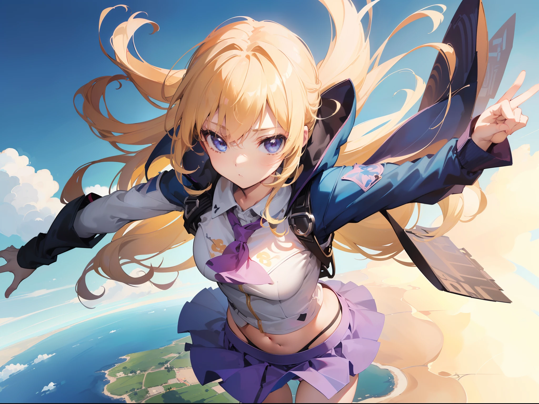 1 girl ,((skydiving ), close to viewer, (character focus),((panty shot)),(floating skirt),blonde hair,high resolution,(incredibly absurdres), (hires.fix:1.3),anime visual,extremely detailed CG unity 8k wallpaper, ((masterpiece)), ((top-quality)), (beautiful illustration), ((an extremely delicate and beautiful))