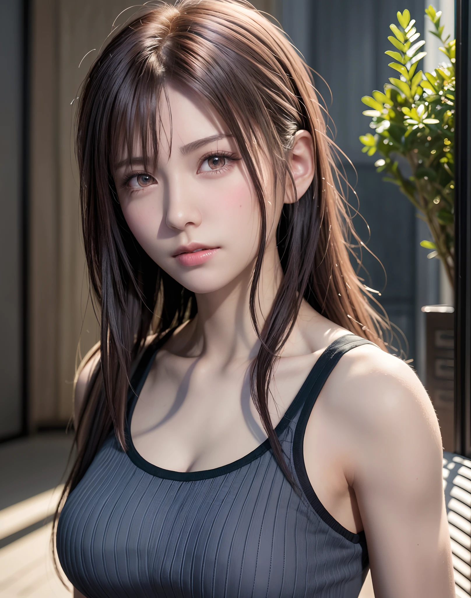 high quality picture, masutepiece, detailed hair texture, Detailed skin texture, Detailed Cloth Texture, 8K, Add fabric details, ultra detailed skin texture, ultra detailed photographic, Skin pores, Portrait of a girl, wearing tank top,