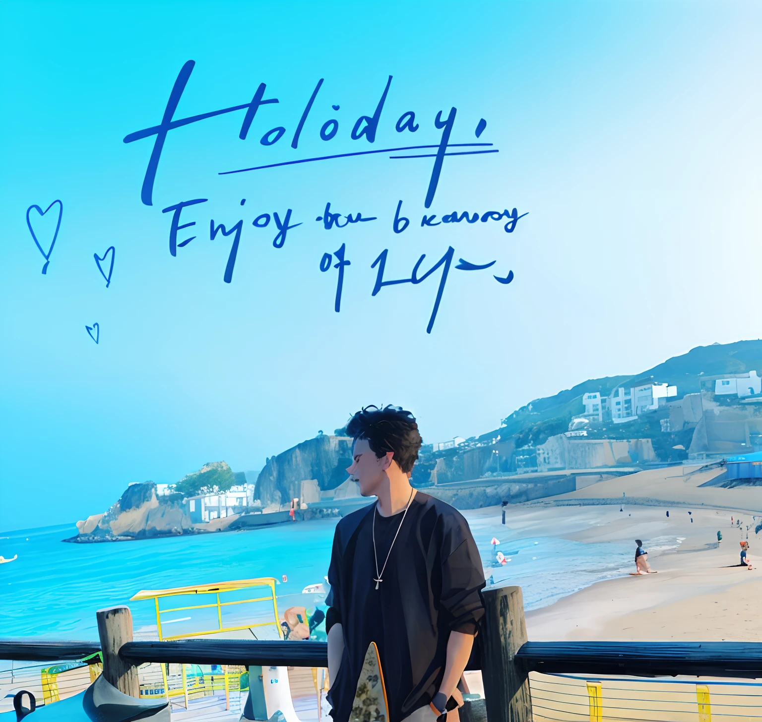 there is a man standing on the beach with a skateboard, Holiday, Titled "Beach Holiday", festivity, On a sunny day, beautiful fine sky, 2015, 2 0 1 5, Official artwork, hong june hyung, 2 0 1 7, 2 0 1 6, 2016, 2017, resort，Face blessings