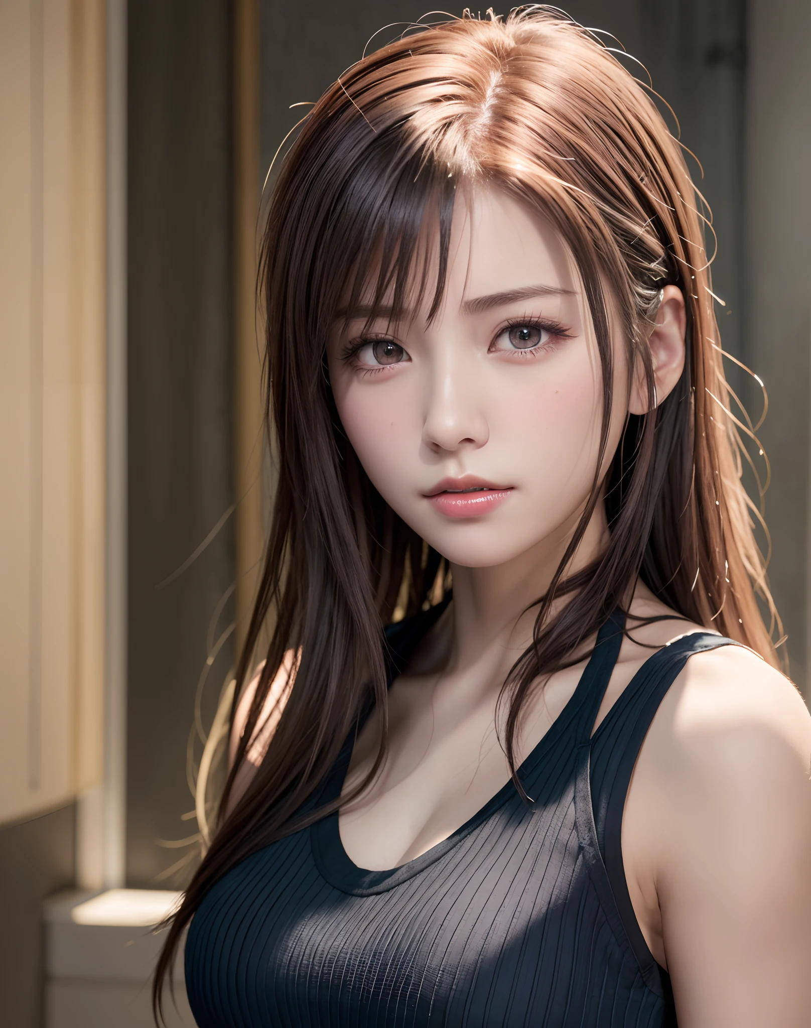 high quality picture, masutepiece, detailed hair texture, Detailed skin texture, Detailed Cloth Texture, 8K, Add fabric details, ultra detailed skin texture, ultra detailed photographic, Skin pores, Portrait of a girl, wearing tank top,