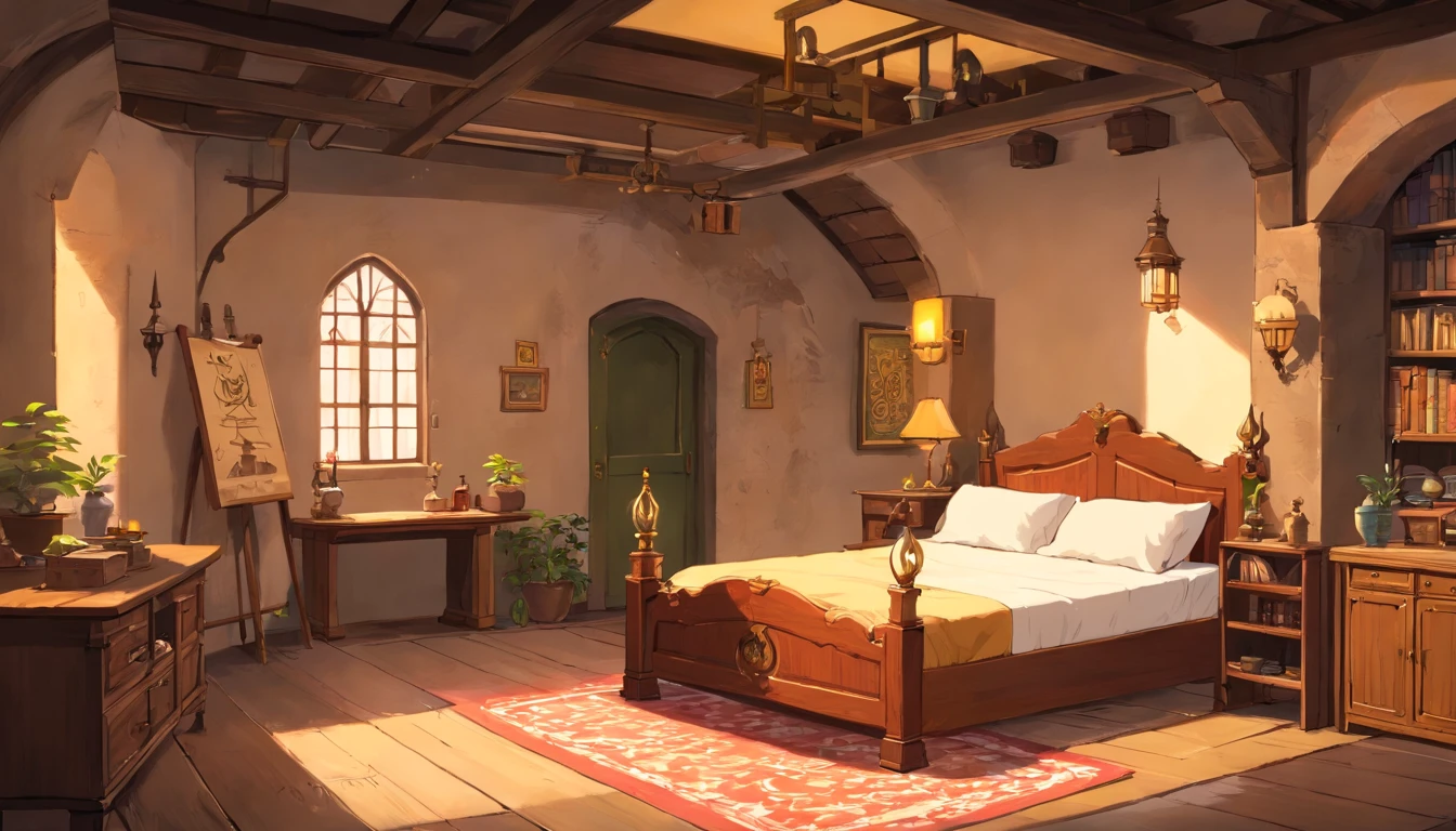 medieval room,bedroom,Bedroom in the room,big bed,Industrial-style