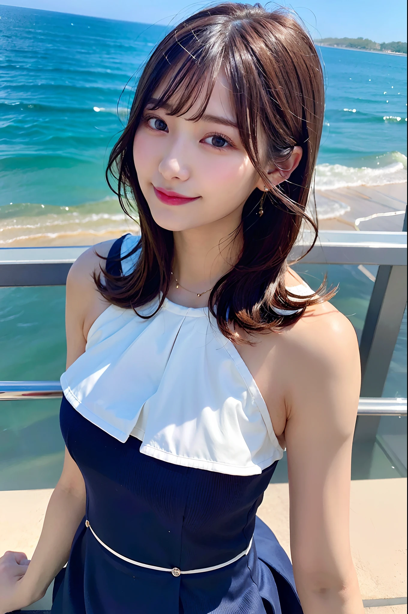 A beautiful Japanese woman sits astride a rustic wooden chair on the soft white sand of Hawaii、Posing in an elegant white dress。The chair faces the sea、Offers spectacular views of the waves and horizon。Her posture is relaxed yet well-organized.、On its face、There is an expression of calm contemplation that reflects the tranquil beauty of the beach surroundings。A clear, bright sky and a gentle sea breeze、It adds to the calm and inviting atmosphere of this scene.。
