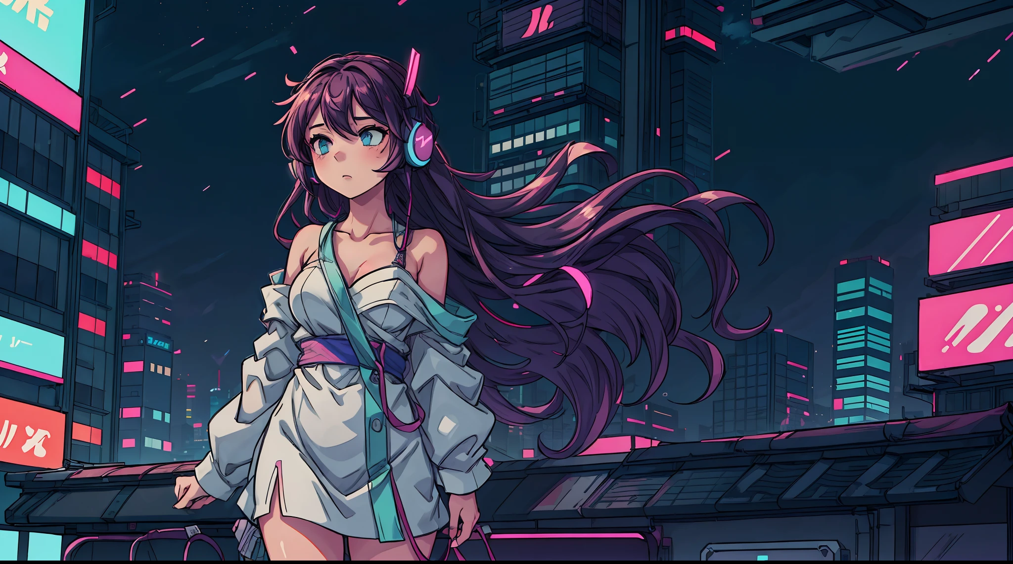 A sexy anime girl with flowing hair and glowing skin, wearing headphones and a revealing outfit, standing on a rooftop in Tokyo at night. The background is a beautiful cityscape, with neon lights and skyscrapers. The overall aesthetic is lofi and vanilla, with a soft and dreamy atmosphere.