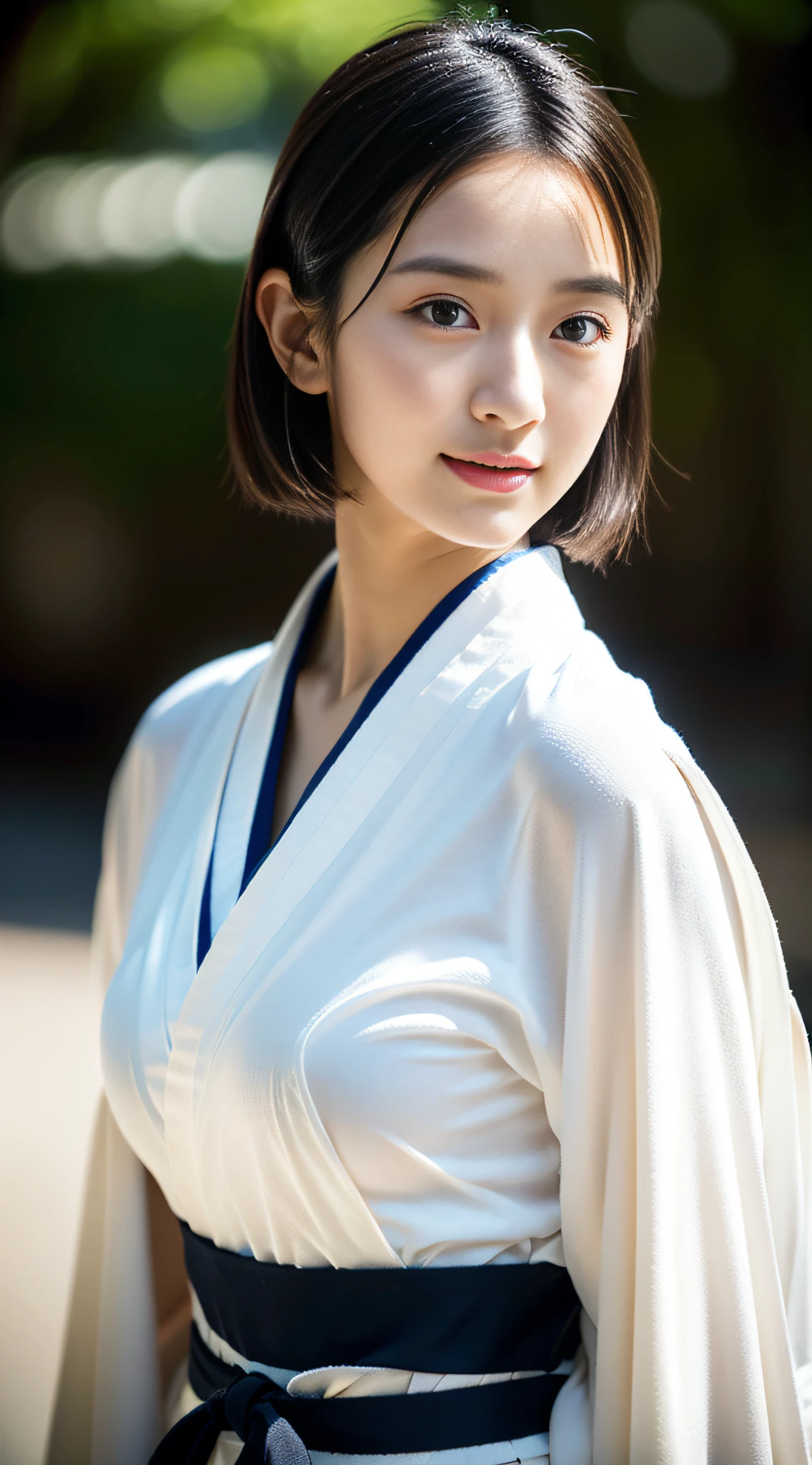 (((32ｋ,high detal,high-detail、​masterpiece,Attention to detail,full body Esbian,独奏))),Raw photo & realistic atmosphere,beautiful dark blue eyes,Detailed mouth,Glossy lips,Detailed eyebrows,Eyes drawn in detail with soft white skin that shines in every detail、Very beautiful eyes with azure eyes,Detailed lips、Very beautiful face,Very well-formed face、Lifelike face,shiny beautiful lips,Beautiful eyebrows,Infinite reality, Realistic Young Gravure Idol,Very cute high school girl, , Young Sensual Gravure Idol, Young Gravure Idol, extremely beautiful and cute１Sharp beautiful girl at 7 years old,with a flushed face,Incredibly beautiful and classy１7 year old beautiful girl,natural soft light,（Black shiny hair,,bare-legged,Kendo kimono and hakama,Beautiful kind eyes：1.5）,（youthfulness,Wearing kendo equipment,Exposed thighs,Thighs protruding from hakama,Gentle smile,well-shaped breasts,,Immature body,Japan Kendo Kimono,Kendo Match,Japanese style berry shorthair,Bunk your hair high and tie it into one,Beautiful posture,posterior view,facing back,no-makeup,woman samurai,woman swordsman,assist々Influenced by Kojiro Ki,Cool look into the distance,Zoom to nape,Nape close-up,Wrapping around the chest,Roll up the exposure,Exposure exposed：1.6）