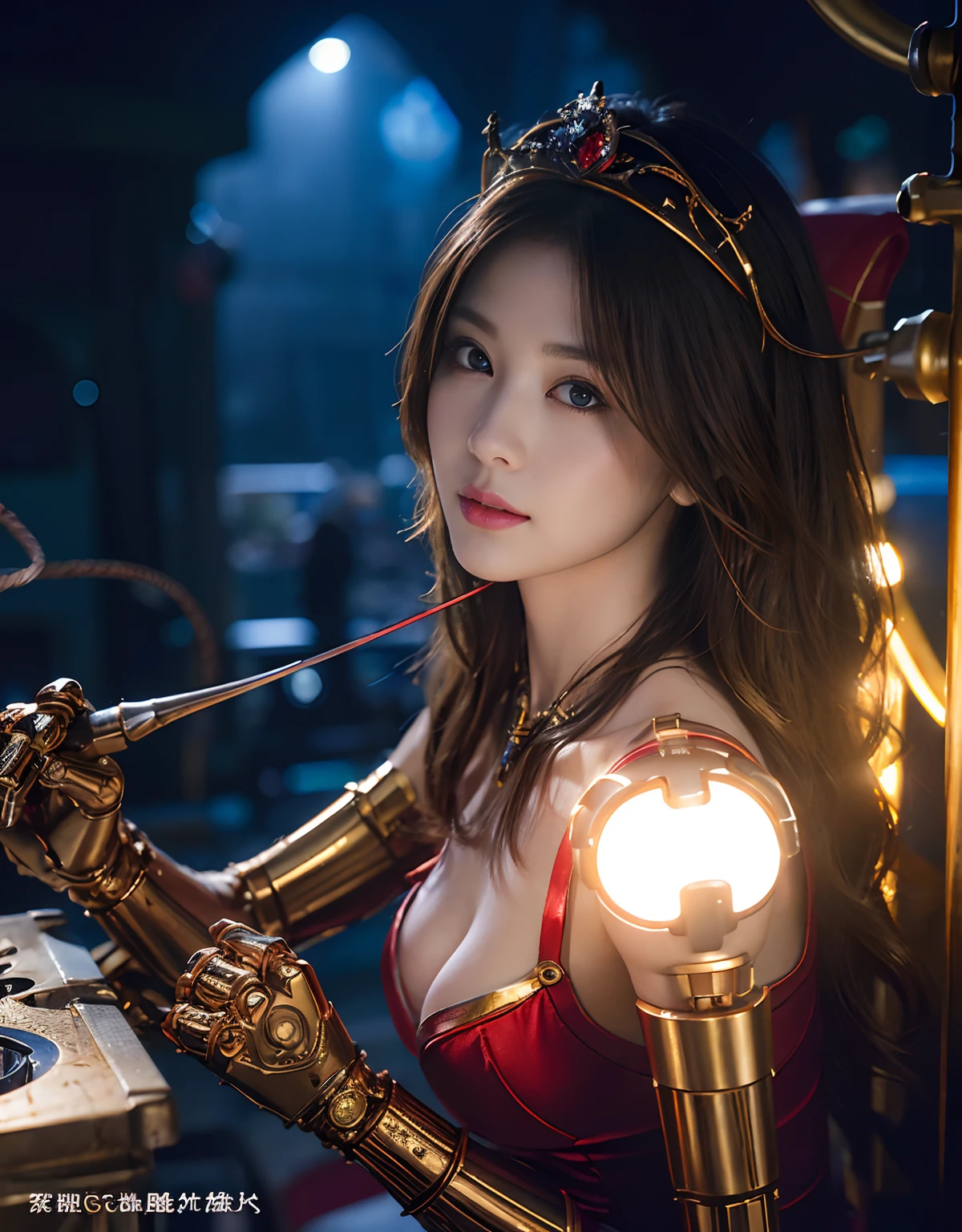 (1 Mechanical Girl)、top-quality、masterpiece、超A high resolution、(Wearing a crown made of jewels),(Photorealsitic:1.4)、Raw photo、女の子1人、Golden hair、glowy skin、(((1 Mechanical Girl)))、(Realistic dragon background)、(Fight big dragons)、With a beautiful knife、(Metal bodysuit)、(Beautiful church background)、Precipitous cliffs、(Small LED)、((super realistic details))、portlate、globalillumination、Shadow、octan render、(One-Eyed Scouter)、8K、ultrasharp、Colossal tits、Raw skin is exposed in cleavage、metals、Details of complex ornaments、Japan details、highly intricate detail、Realistic light、CGSoation Trends、Red Eyes、radiant eyes、Facing the camera、neon details、(Mechanical limbs)、(blood vessels connected to tubes)、Mechanical vertebrae attached to the back、mechanical cervical attaching to neck、(Wires and cables connecting to the head)、Gundam、Small LED、,Mechanical thighs、Toostock、(Hands are also made of machines)、