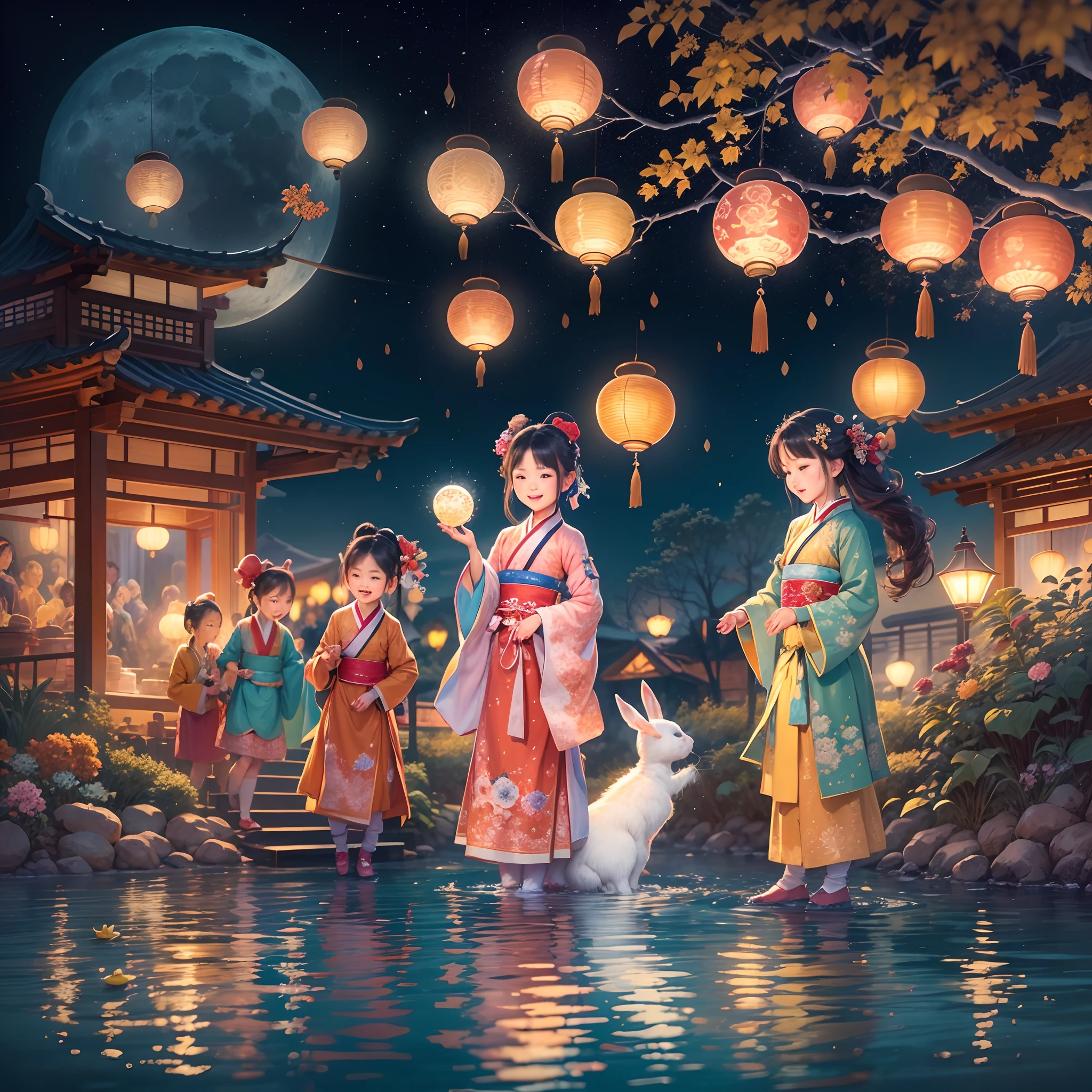 (Masterpiece:1.2),ultra-detailed,realistic painting,celebration,joyful atmosphere,traditional festival,moonlit scenery,harvest moon,bright lanterns,ancient folklore,charming girl with a traditional hanbok,2girls laughing together,happy faces,peaceful garden,decorated mooncakes and tea,traditional music playing softly,lively lantern procession,cultural heritage,folk dances under the moonlight,sparkling fireworks,delightful family reunion,moon gazing,magical night,serene tranquility,rippling reflection on the water,vivid colors,soft glowing light,traditional costumes and accessories,festive decorations,detailed moon rabbit motif,lotus flowers blooming,autumn breeze,harmony and unity.