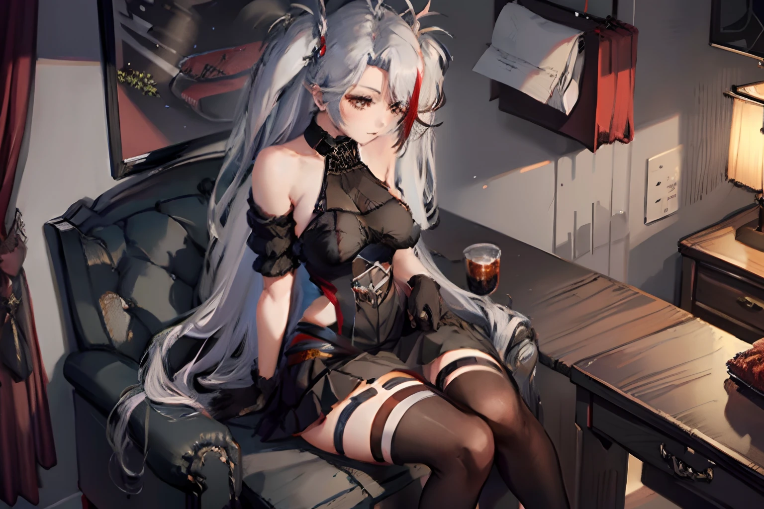 1girl, anime, Prinz Eugen (Azur Lane) sitting in a chair, cross legged, lower POV, prinzv4, eugendress, black_gloves, eugennight, bare_shoulders,
