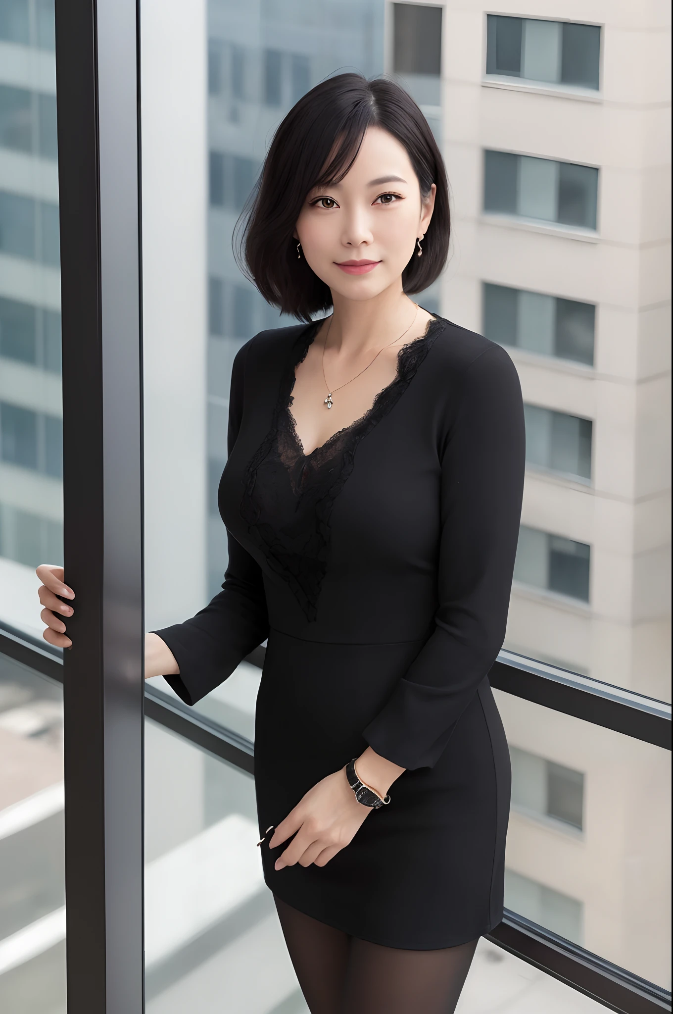 1girl, matured female,  photo, realistic, best quality, hires, detailed face, office, buildings from window, detailed background, diffused sunlight, depth of field, black dress, black pantyhose, female president, necklace, Accessories, luxury watches