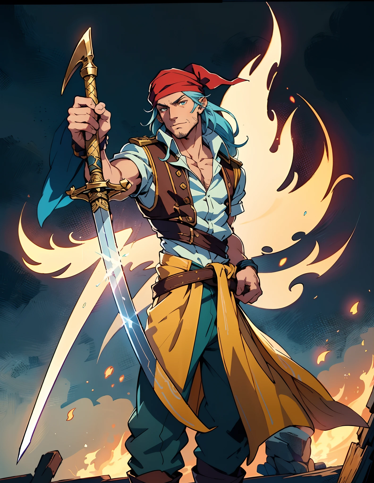 A man with long golden hair, wearing a deep blue headscarf, has a cunning look in his eyes, a stubbled chin, he is dressed in a light blue open-chested shirt with a fantasy pirate style, he has a wide yellow sash around his waist, decorated with a red ribbon, he wears matching utility pants, he holds a long pirate-style sword, a long pirate-style sword with a golden guard, gripping it in reverse, he stands by the pier under the night sky, this character embodies a finely crafted fantasy-style pirate in anime style, characterized by an exquisite and mature manga illustration art style, high definition, best quality, highres, ultra-detailed, ultra-fine painting, extremely delicate, professional, anatomically correct, symmetrical face, extremely detailed eyes and face, high quality eyes, creativity, RAW photo, UHD, 8k, Natural light, cinematic lighting, masterpiece:1.5