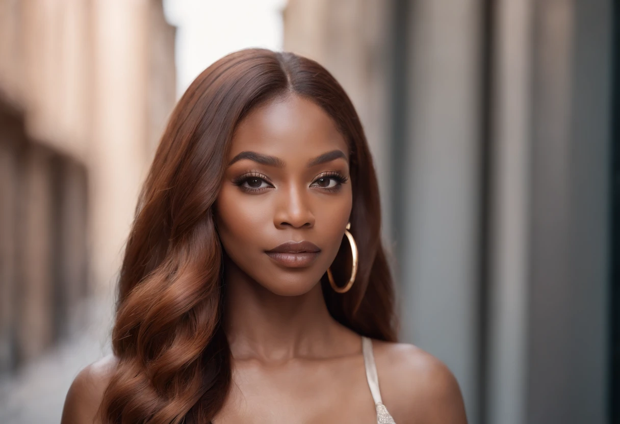 Hyper realistic, ultra detailed, photo of beautiful Black American woman with long,
copper colored hair and full lips. Front facing, golden hoop earrings, ultra detailed,
ultra accurate detailed, mascara and long eyelashes, Shot with canon EOS RI camera
at 50 mm focal length with a 1.2 aperture. 4k. Heavy makeup and a coy expression.