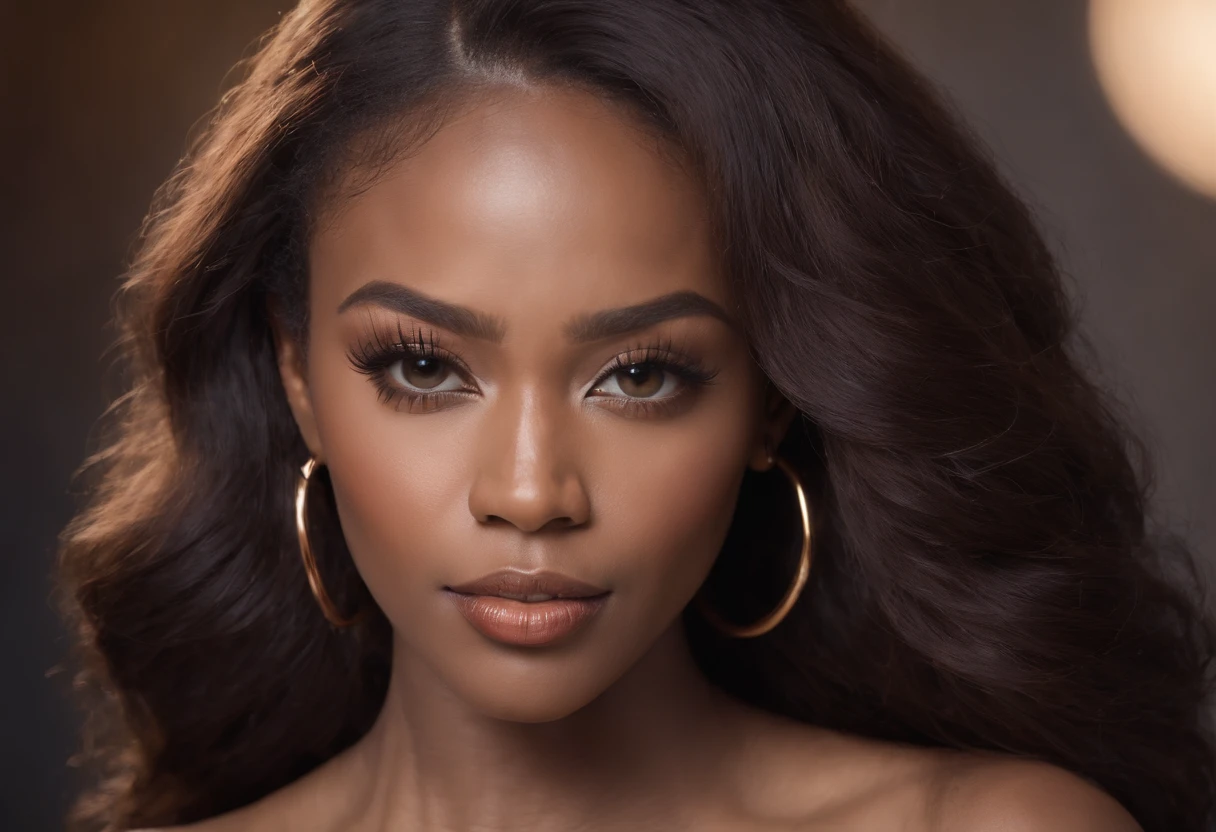 Hyper realistic, ultra detailed, photo of beautiful Black American woman with long,
copper colored hair and full lips. Front facing, golden hoop earrings, ultra detailed,
ultra accurate detailed, mascara and long eyelashes, Shot with canon EOS RI camera
at 50 mm focal length with a 1.2 aperture. 4k. Heavy makeup and a coy expression.