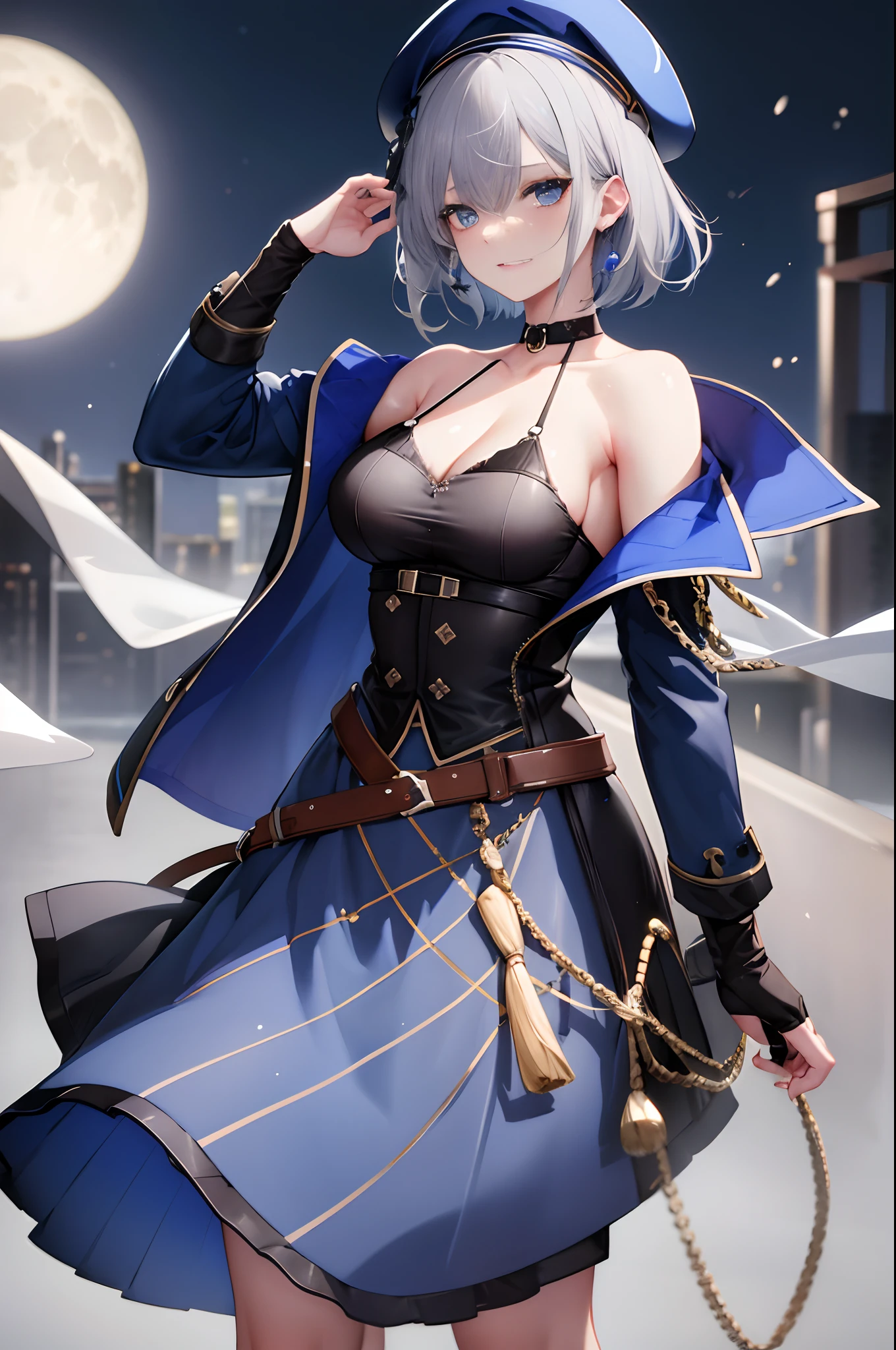 (Best quality, highest resolution, 8k, 1 girl, solo), masculine girl, slightly muscular arms, gray hair, blue fringes, short hair, beret, scars on face, tattered clothes, V-neck, blue jacket, long skirt, large breasts, moon,sea, dim lighting, powerful look, cold expression