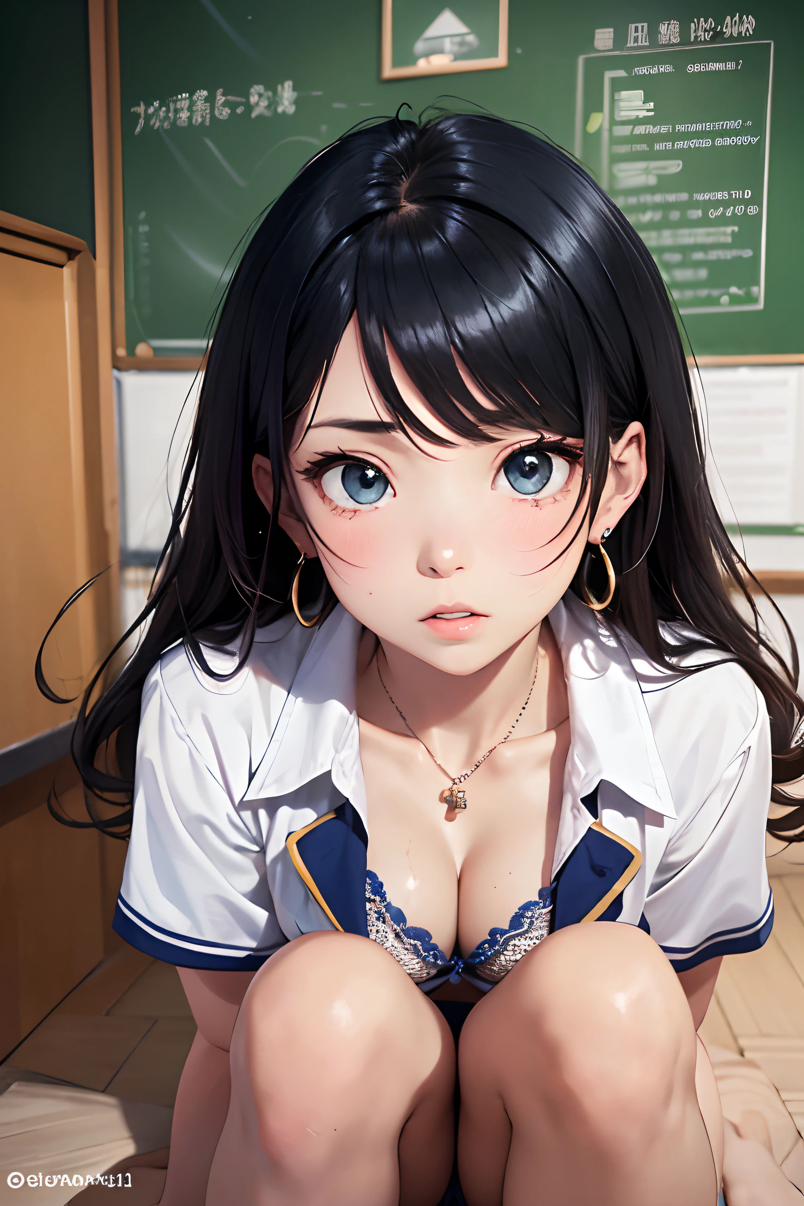 (masutepiece: 1.3), (max resolution: 1.2), (Ultra HDTV: 1.2), cinematric light, 8K resolution,
Detailed eyes and skin, detailed facial features, , (Sharp Focus: 1.2), (Focus on Face:1.2),Perfect Style, Beautiful face, 准确, Anatomically correct, Highly detailed face and skin texture, Detailed eyes, Double eyelids, Thin eyebrows, Natural cheeks, Glossy skin, Fair skin: 1.2, (Glossy lips: 1.4),、 (Shy look: 1.2),Highly detailed facial and skin texture, Detailed eyes, Double eyelids, Natural cheeks, , shiny lips: 1.4,Exposed cleavage、(A large amount of sperm in the chest:1.4)(Large amount of sperm in the thighs:1.2)、
red blush、humiliated、impatience、dismay、Frightened、glares、Tears、embarrassed from、Open knees、open one's legs、Masturbation behavior、masturbation、rubbing the genitals with fingers,,,,,,,,,、
White underwear、White bra、Shiny little earrings and necklaces、、Disheveled clothes、Dressing、Exposed panties、Wearing sweat、sodden、Sheer underwear、
18 instars, Neat and clean woman 、Wavy Hair、 Semi-long hair, Normal, upturned breasts, Sitting on the floor, Classroom,Black brown hair,blue eyes、(High School Uniforms:1.4)