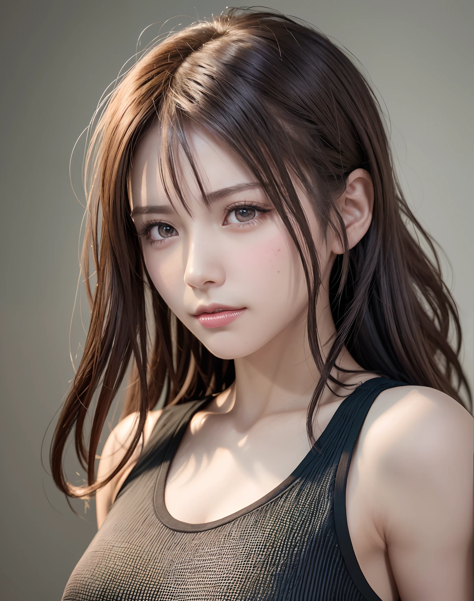 high quality picture, masutepiece, detailed hair texture, Detailed skin texture, Detailed Cloth Texture, 8K, Add fabric details, ultra detailed skin texture, ultra detailed photographic, Skin pores, Portrait of a girl, wearing tank top,