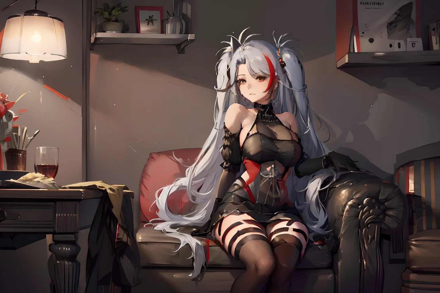 1girl, anime, Prinz Eugen (Azur Lane) sitting in a chair, cross legged, lower POV, prinzv4, eugendress, black_gloves, eugennight, bare_shoulders,