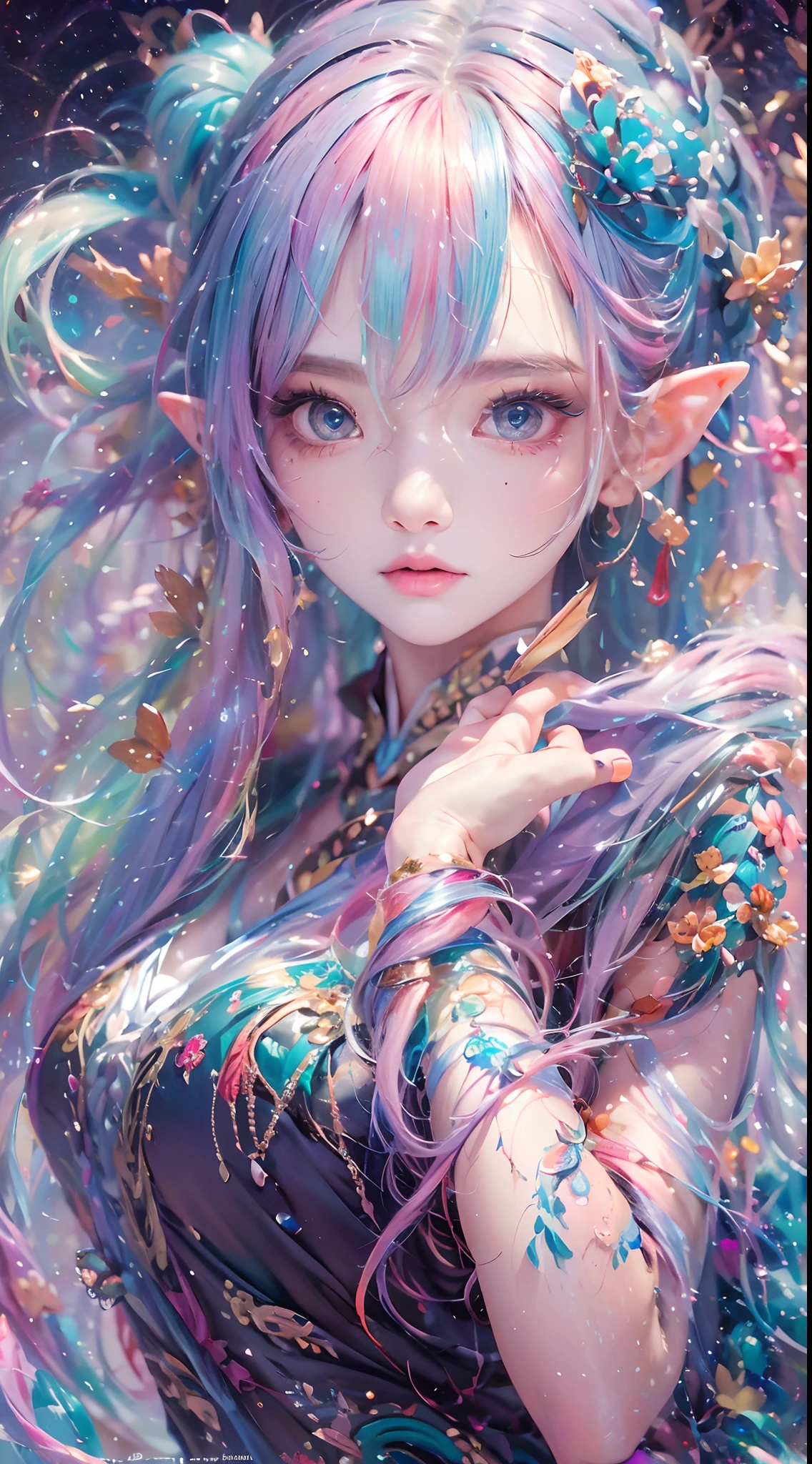 ( Absurd, High quality, Ultra-detailed, Masterpiece, concept-art, smooth, high detail artwork, Hyper-realistic painting , high resolution, paint splatter, colored splashing, Splash of Ink, colored splashing), ((Rainbow hair)),elf, Plum elf, plum , Transparent fairy wings, wearing only his underwear,huge tit,low chest,fairytale-like, Romantic, Vivid, Whole body,hand behind back,Malu,largeeyes,(Eye focus),Cosmic eyes,Space eyes,In nature with waterfalls,pureerosface_v1,ulzzang-6500-v1.1,