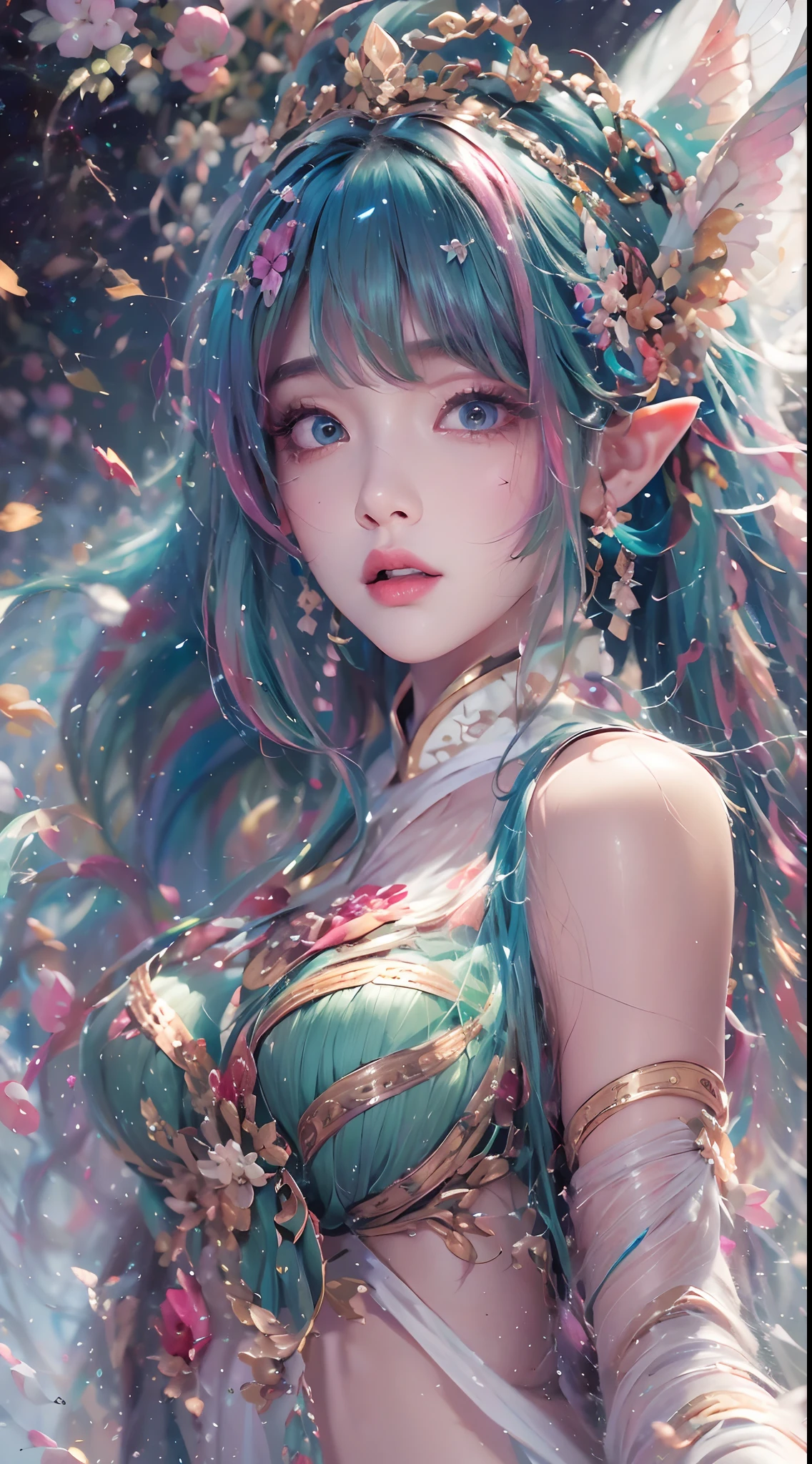 ( Absurd, High quality, Ultra-detailed, Masterpiece, concept-art, smooth, high detail artwork, Hyper-realistic painting , high resolution, paint splatter, colored splashing, Splash of Ink, colored splashing), ((Sweet Chinese girl, Rainbow hair)),elf, Plum elf, plum , Transparent fairy wings, huge tit，low chest，fairytale-like, Romantic, Vivid, Whole body,hand behind back，Malu，largeeyes，（Eye focus），Cosmic eyes，Space eyes，In nature with waterfalls，pureerosface_v1，ulzzang-6500-v1.1，