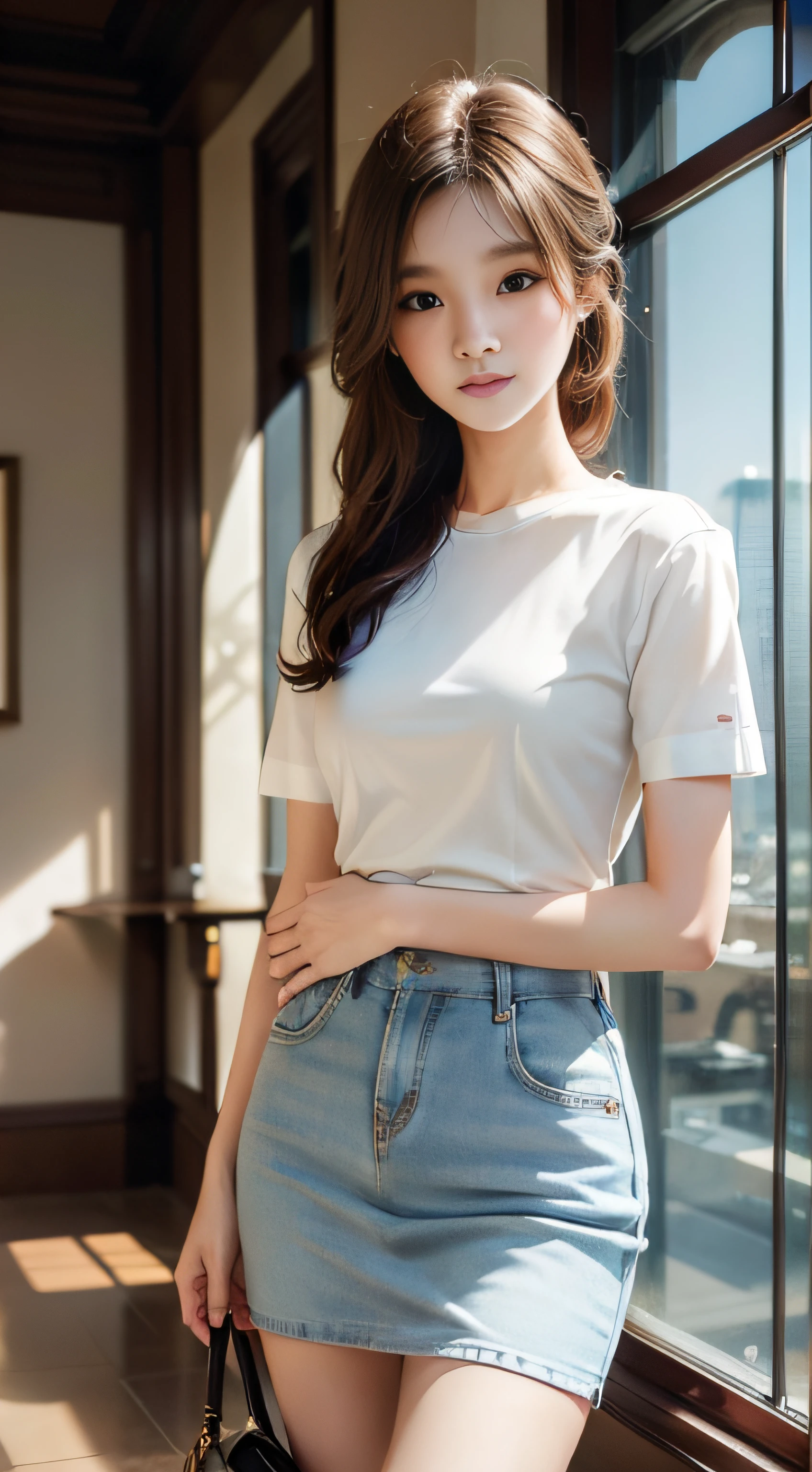masterpiece、Top image quality:1.2、((beautiful young woman with))、Transparent skin:1.2、{A slight smil}、(kawaii)、Short sleeve knit、luxury hotel、depth of fields