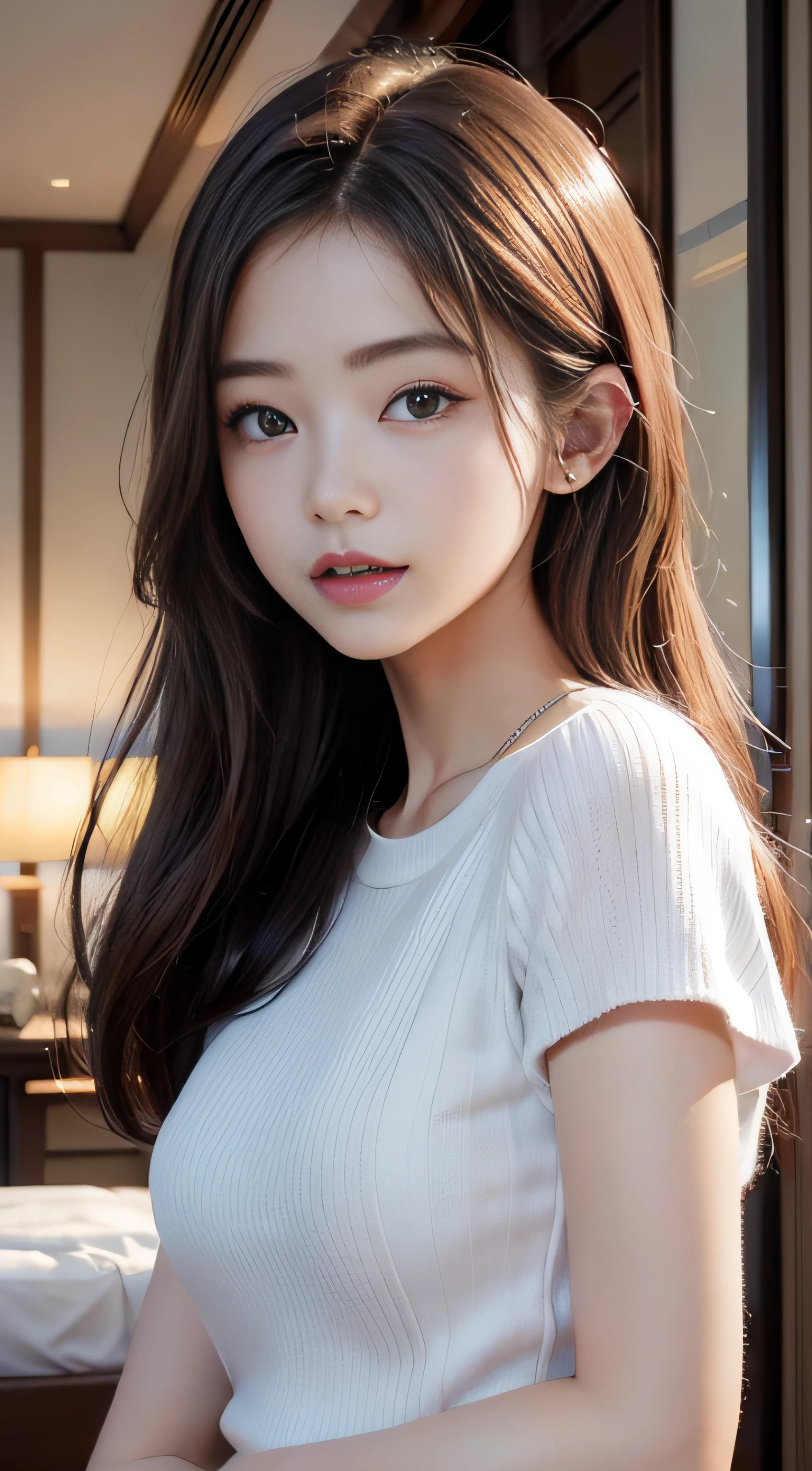 8K,extremely detailed eye、extra detailed face、best qualtiy、​masterpiece、ighly detailed、ultra-detailliert、(realisitic、Photorealsitic:1.3)、A smile、(facing front)、Look at viewers、white  shirt、A clear day、outside of house、1 Girl's upper body