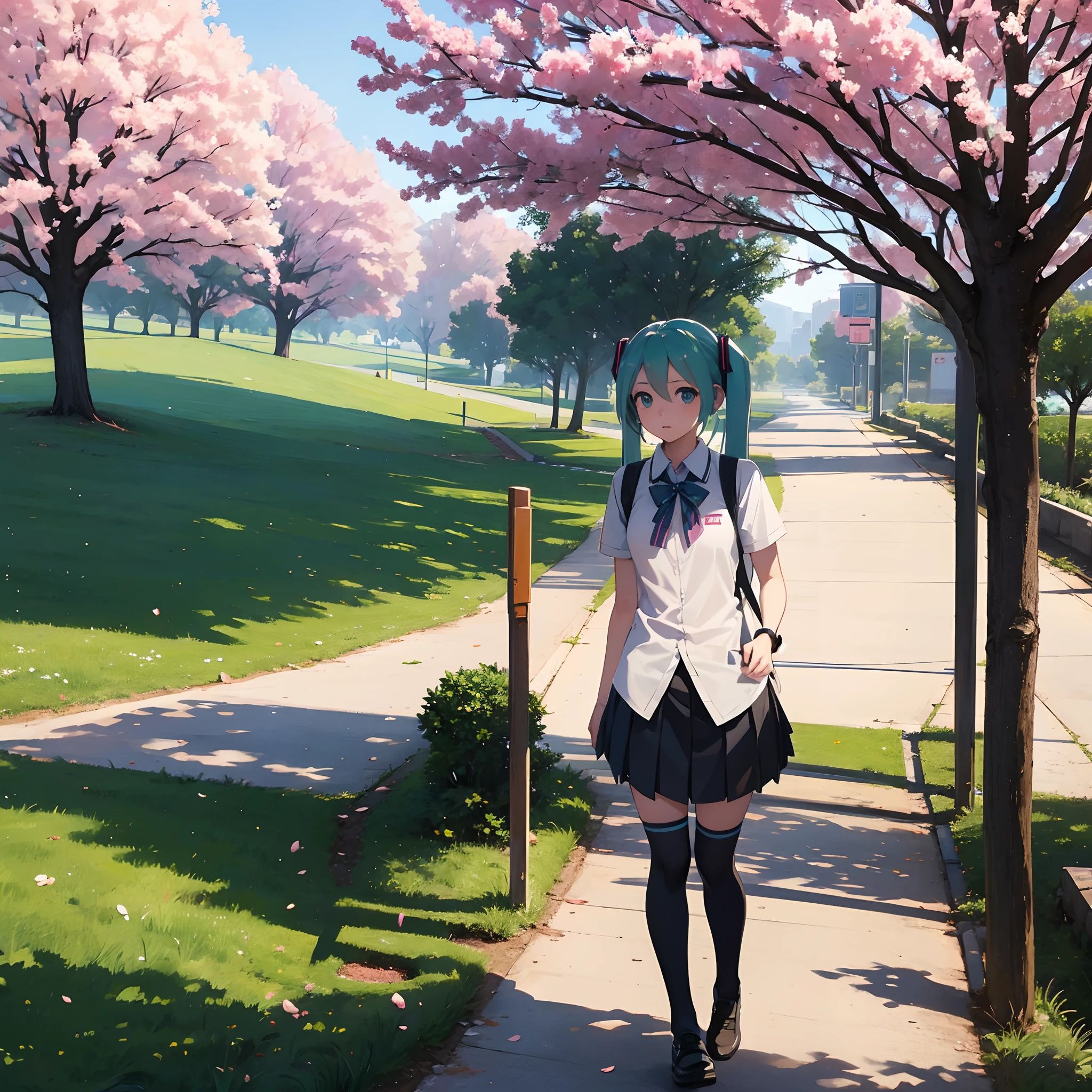 Hatsune miku , school girl , beautiful girl, vocaloid, 16 year old , Walking among cherry trees ,