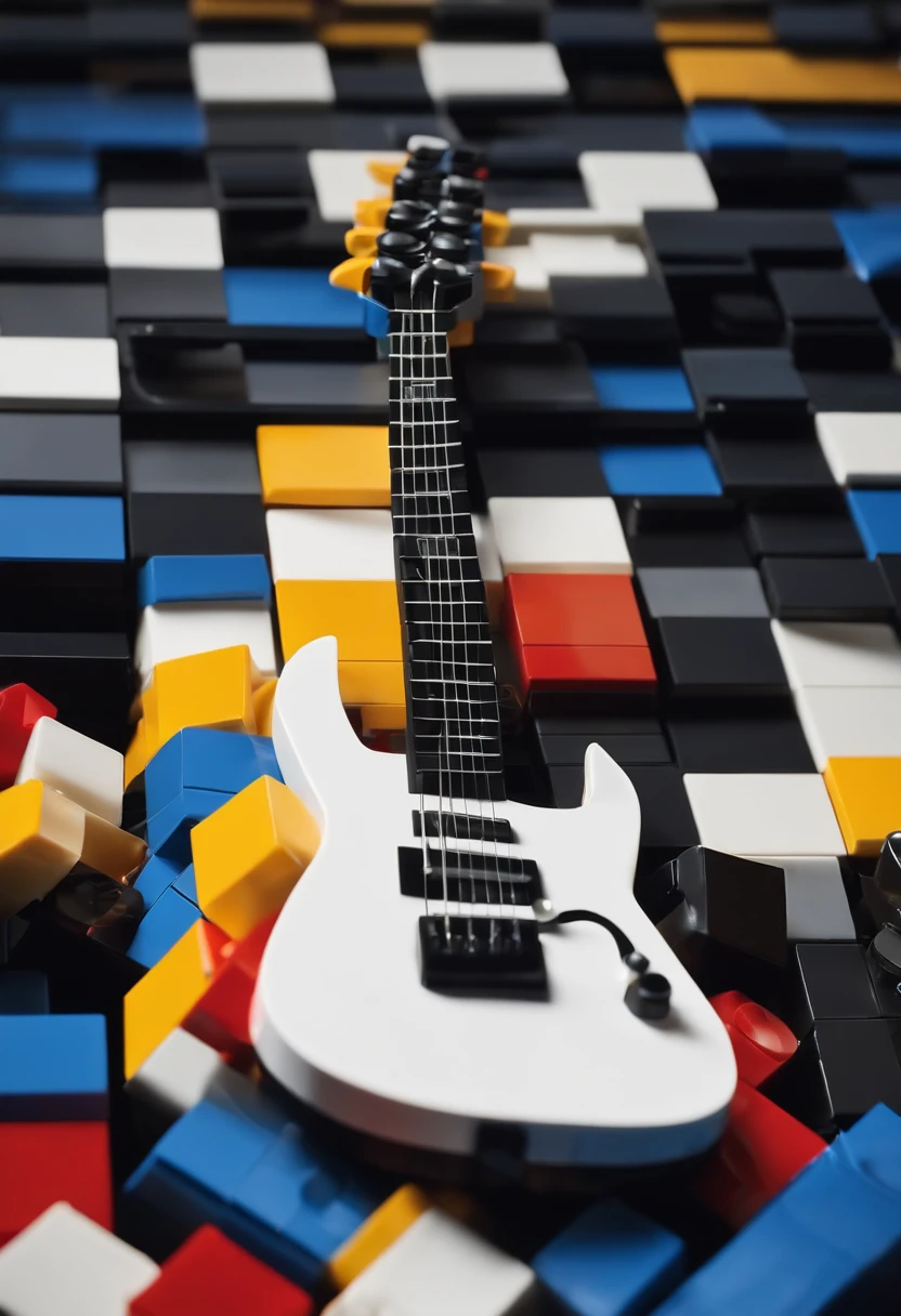 A close up of a LEGO Guitar, made of LEGO, Electric guitar, LEGO style, high quality voxel art, Director: Hiroyuki Tajima, brick, voxel art, inspired by John McLaughlin