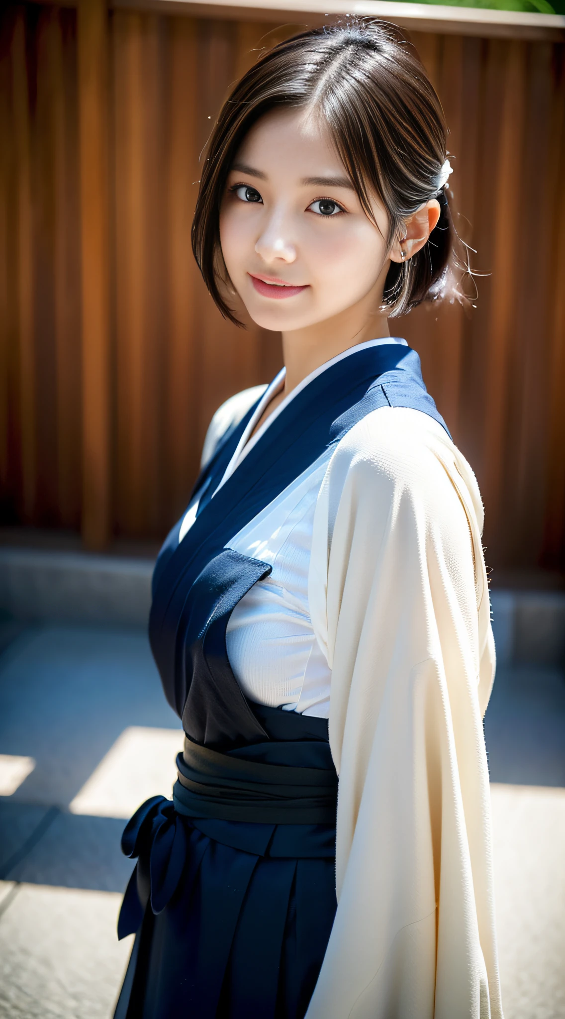 (((32ｋ,high detal,high-detail、​masterpiece,Attention to detail,full body Esbian,独奏))),Raw photo & realistic atmosphere,beautiful dark blue eyes,Detailed mouth,Glossy lips,Detailed eyebrows,Eyes drawn in detail with soft white skin that shines in every detail、Very beautiful eyes with azure eyes,Detailed lips、Very beautiful face,Very well-formed face、Lifelike face,shiny beautiful lips,Beautiful eyebrows,Infinite reality, Realistic Young Gravure Idol,Very cute high school girl, , Young Sensual Gravure Idol, Young Gravure Idol, extremely beautiful and cute１Sharp beautiful girl at 7 years old,with a flushed face,Incredibly beautiful and classy１7 year old beautiful girl,natural soft light,（Black shiny hair,,bare-legged,Kendo kimono and hakama,Beautiful kind eyes：1.5）,（youthfulness,Wearing kendo equipment,Exposed thighs,Thighs protruding from hakama,Gentle smile,well-shaped breasts,,Immature body,Japan Kendo Kimono,Kendo Match,Japanese style berry shorthair,Bunk your hair high and tie it into one,Beautiful posture,posterior view,facing back,no-makeup,woman samurai,woman swordsman,assist々Influenced by Kojiro Ki,Cool look into the distance,Wrapping around the chest,Roll up the exposure,Exposure exposed,Flashy jinhaori,：1.6）