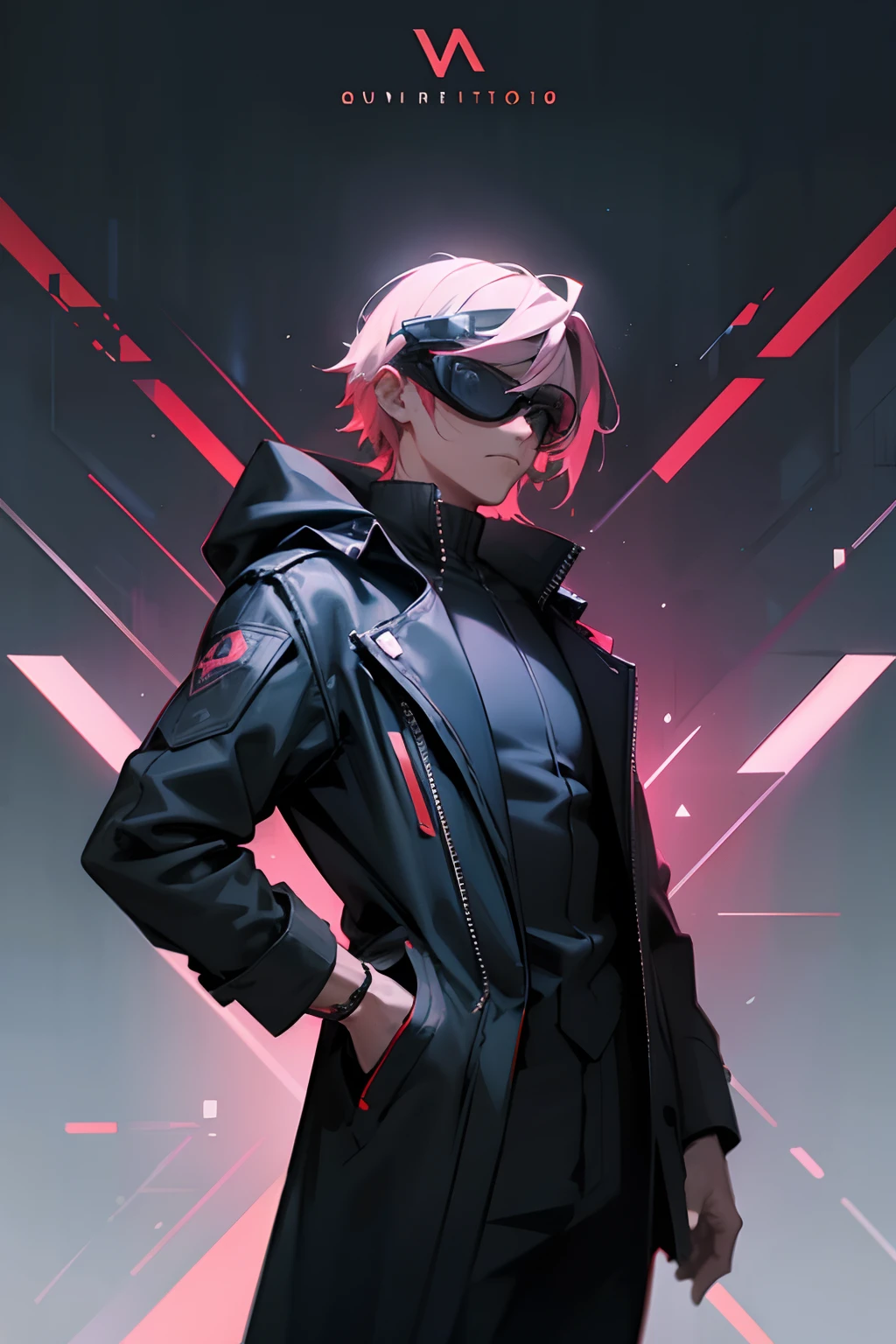 A man in a black jacket and glasses stands in front of a futuristic city, jogo VR, vibe cyberpunk, fundo de anime, quarto de jogos, television with large computer,