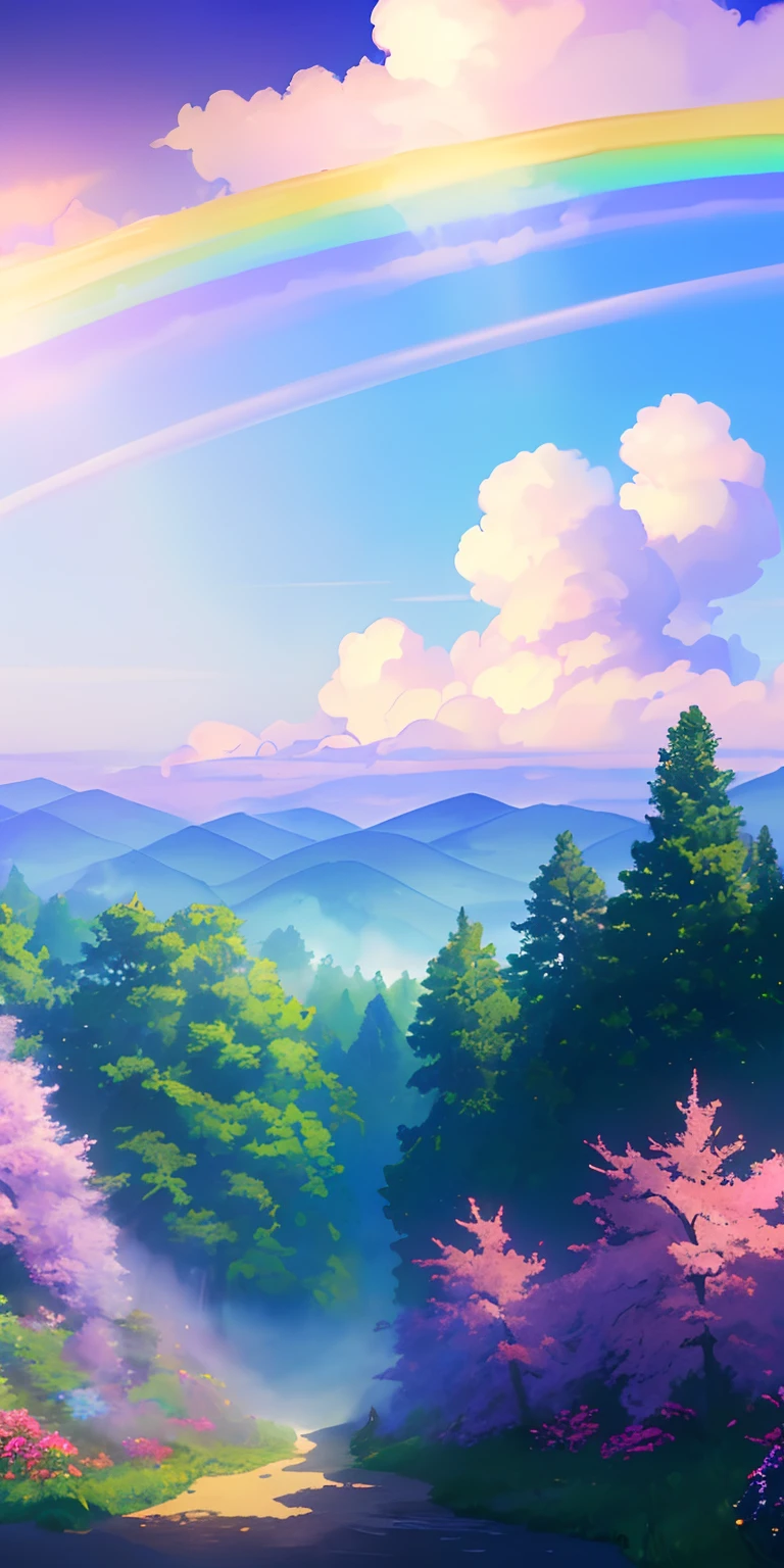 masterpiece, top-quality, (extremely detailed CG unified 8k wallpaper) (top-quality), (The best illustrations), (best shade)、Super Meticulous, blue-sky、Variety of clouds、Wonderfully beautiful, rainbow effects, misty forest, beautiful flowers