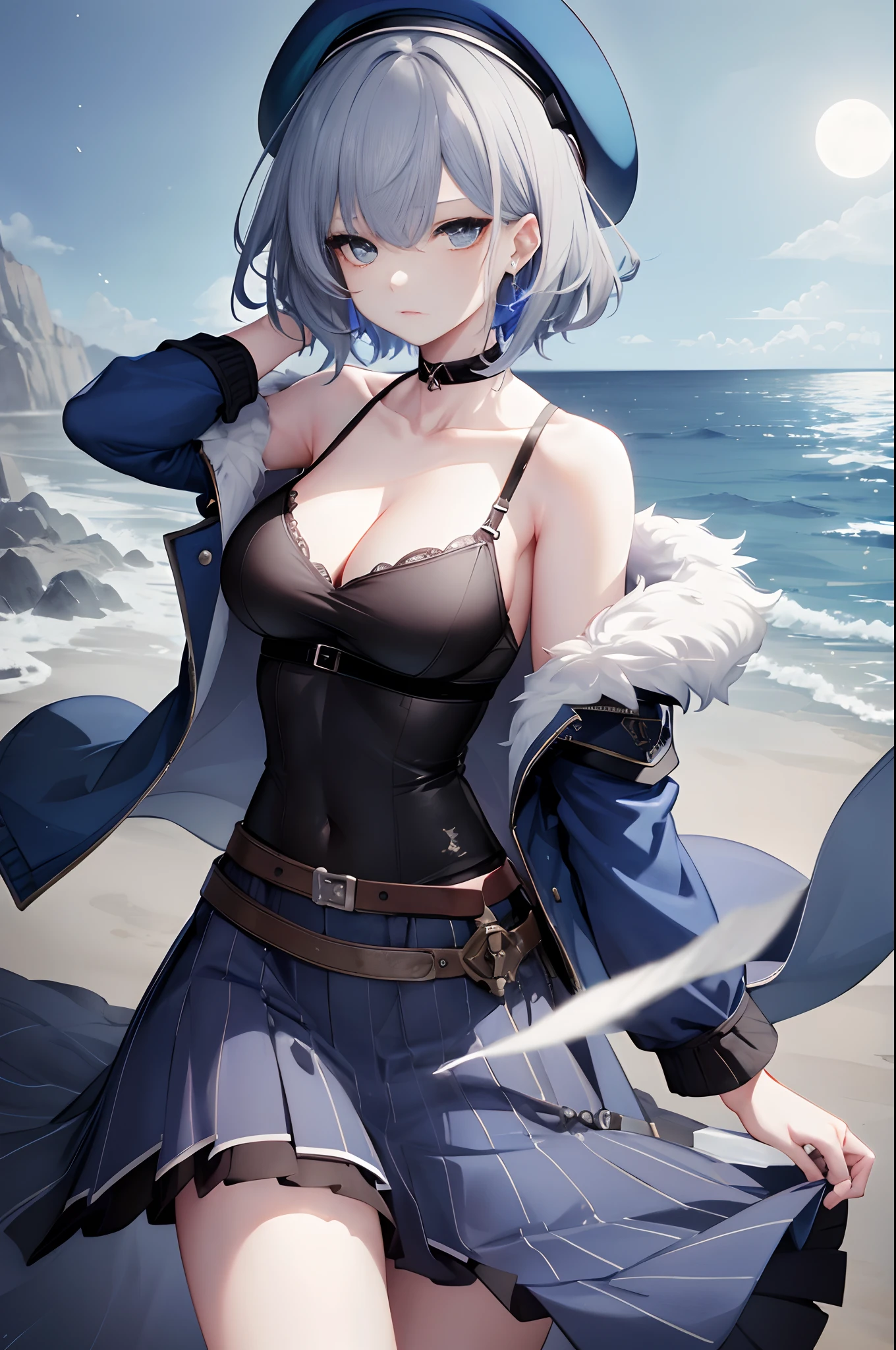 (Best quality, highest resolution, 8k, 1 girl, solo), masculine girl, slightly muscular arms, gray hair, blue fringes, short hair, beret, scars on face, tattered clothes, V-neck, blue jacket, long skirt, large breasts, moon,sea, dim lighting, powerful look, cold expression