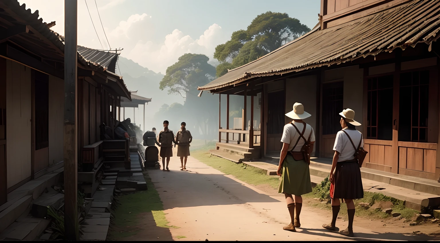 Generate a visually compelling montage representing the historical journey of Indonesia under colonial rule, capturing the atmosphere of struggle and resistance.