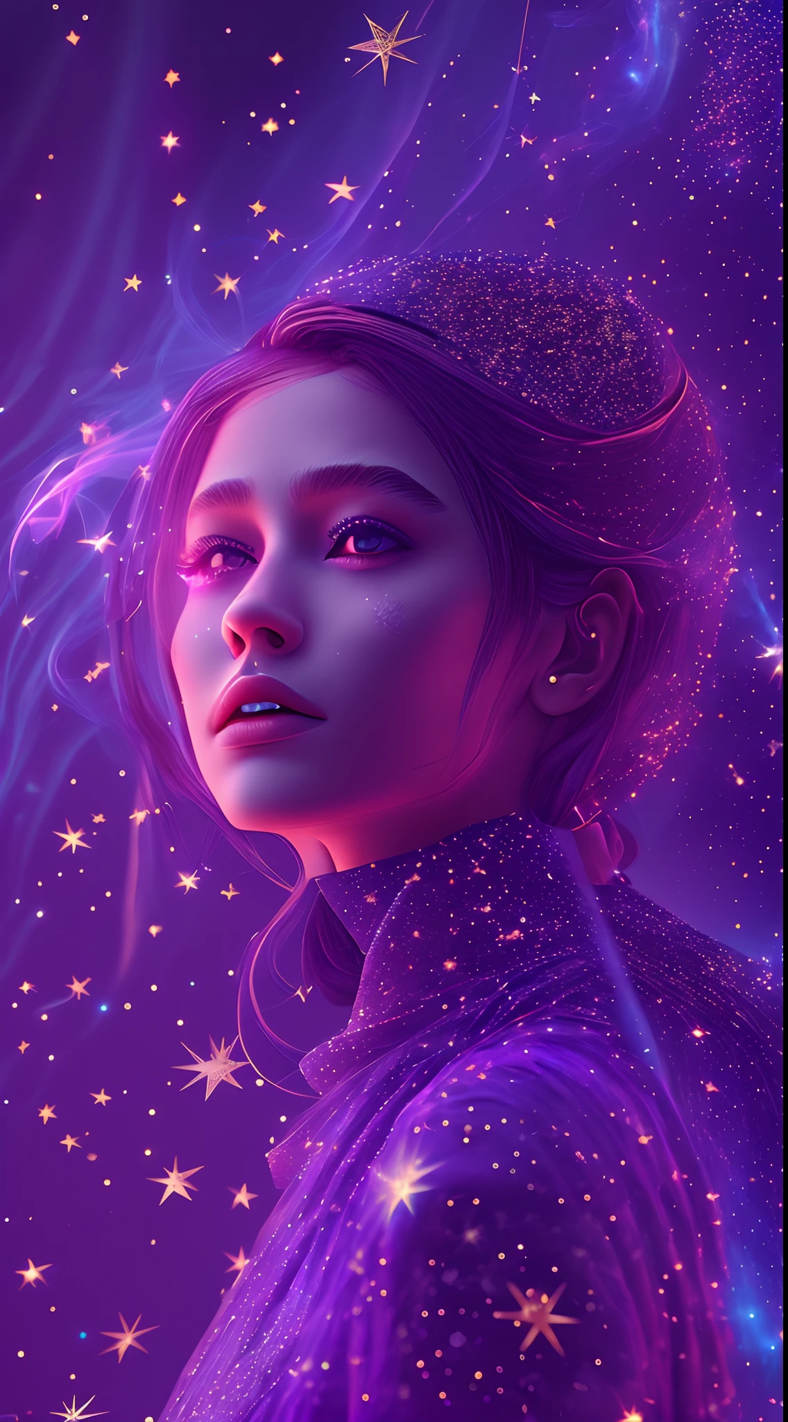 galaxias, space, Starcloud, stars, glitters, Smoke, (Girl shape), intricately details, rendering by octane, Ultra photo realsisim , rendering by octane, 8K, uplit ,Purple dream art