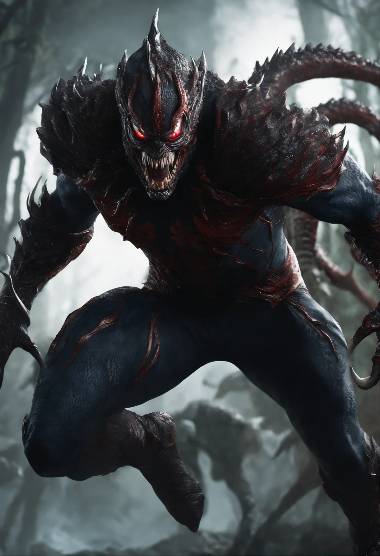 Create a hyper-realistic and hyper-detailed representation of Knum, the King of the Symbiotes, in an Ultra HD 8K and 4K quality image. Portray every detail of Knum so realistically that he appears to leap out of the screen. Highlight Knum's distinct features, such as his symbiotic armor, tentacles, and glowing eyes, with precision. Ensure accurate capture of the tones and textures of his skin, as well as the shadows and reflections that add depth to his form. This image should be a stunning and ultra-realistic depiction of this unique character.