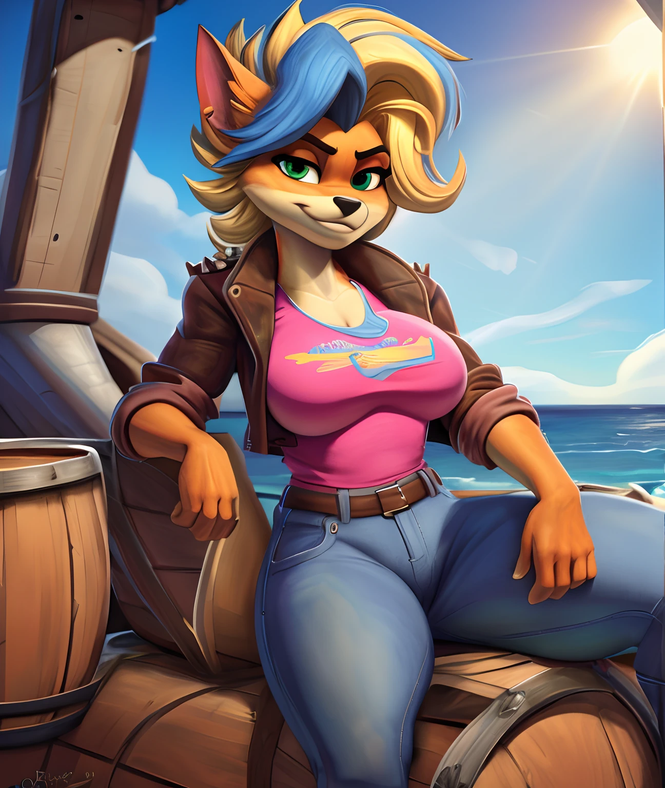 score_9, score_8_up, score_7_up, score_6_up, 1girl, anthro, sfw, anthro female otter, fluffy, pirate, green shirt, vest, leather booty shorts, (black eyepatch on left eye:1.5), frayed fabric, white bracelets, short hair, blonde hair, purple eyes, slim physique, large breasts, wide hips, exposed shoulders, exposed thighs, seductive gaze, smile, (rear view:1.5), bent over, open legs, ship cabin, interior