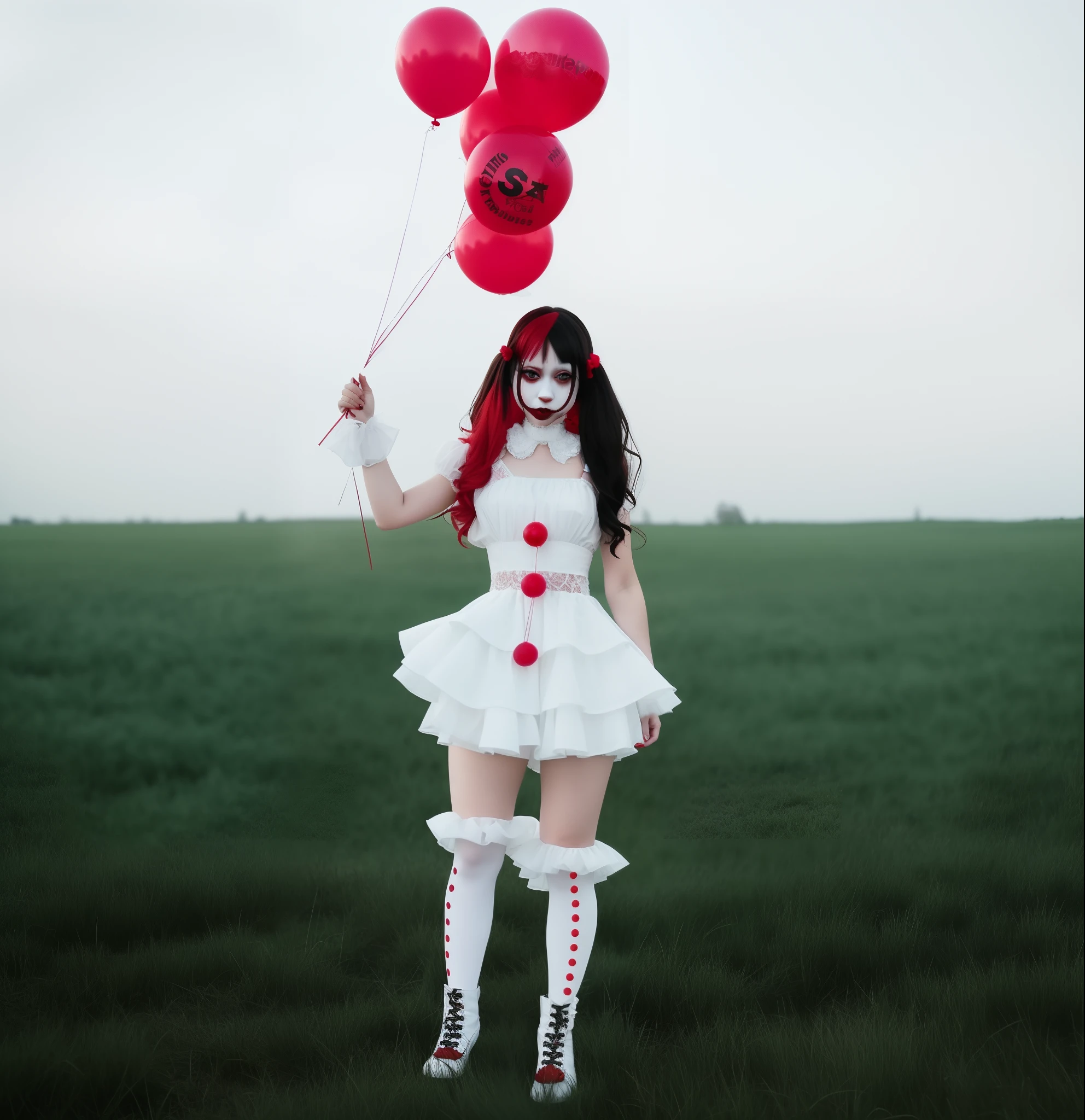 araffe dressed in a clown costume sitting on the grass with a bunch of balloons, pennywise style, pennywise, pennywise theme, creepy clown girl, stephen king as pennywise, dead clown, cutecore clowncore, clown girl, y 2 k cutecore clowncore, goth clown girl, intricate clown costume, scary clown, sinister pose, high saturation, detailed