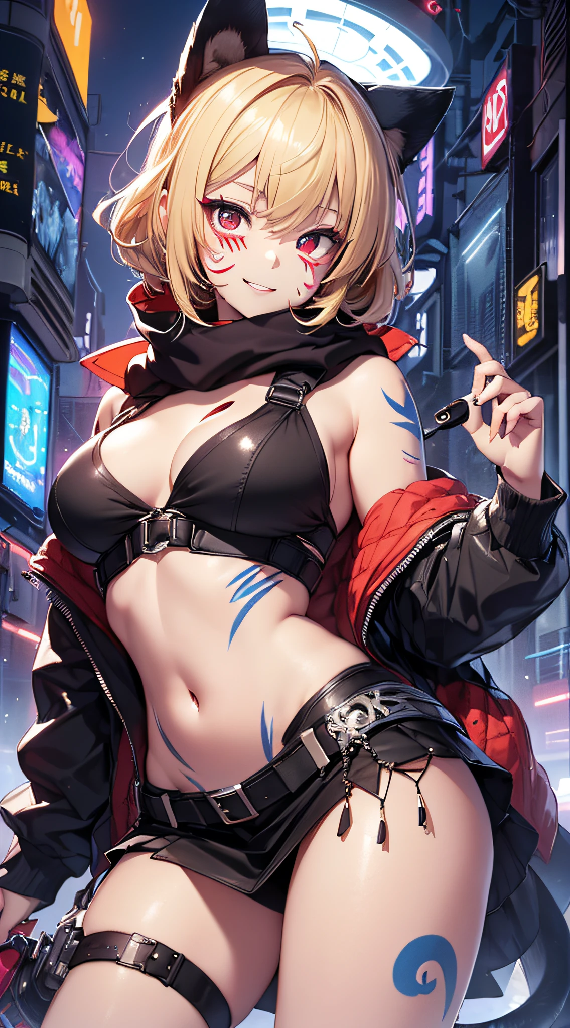 top-quality、Top image quality、masterpiece、girl with((18year old、Blue navel tank top、Black short skirt、White hoodie、Best Bust、Bust 90、Blonde Away Tail、Red Eyes、open chest wide、Valley、Happiness、A slender、ssmile、Red Face Paint、Black scarf、Reflecting the whole body、Gao's Pose、Slouched))hiquality、Beautiful Art、Background with((nightcity、cyberpunked、nightclubs))、masutepiece、Elaborate design、visualart、