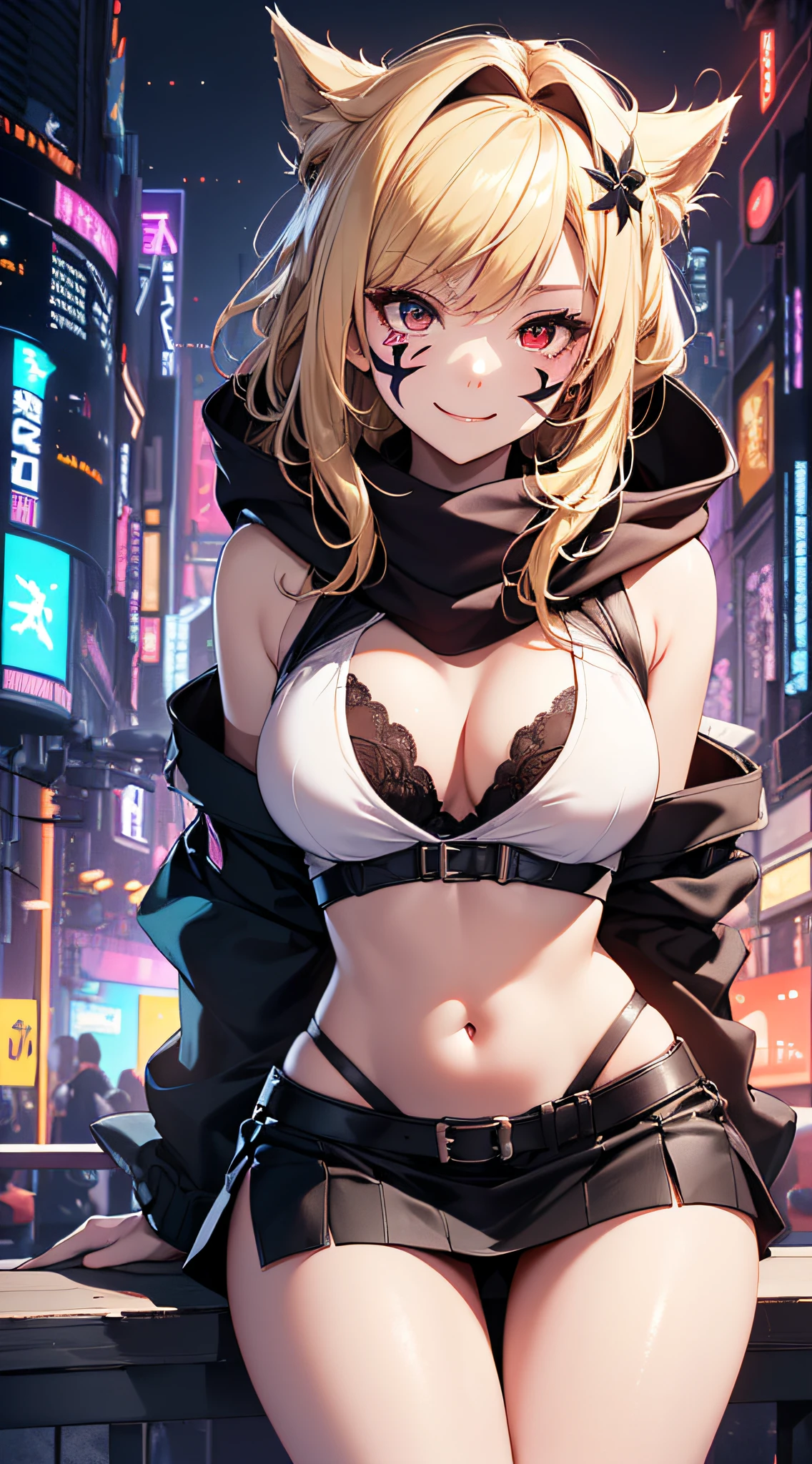 top-quality、Top image quality、masterpiece、girl with((18year old、Blue navel tank top、Black short skirt、White hoodie、Best Bust、Bust 90、Blonde Away Tail、Red Eyes、open chest wide、Valley、Happiness、A slender、ssmile、Red Face Paint、Black scarf、Reflecting the whole body、Gao's Pose、Slouched))hiquality、Beautiful Art、Background with((nightcity、cyberpunked、nightclubs))、masutepiece、Elaborate design、visualart、