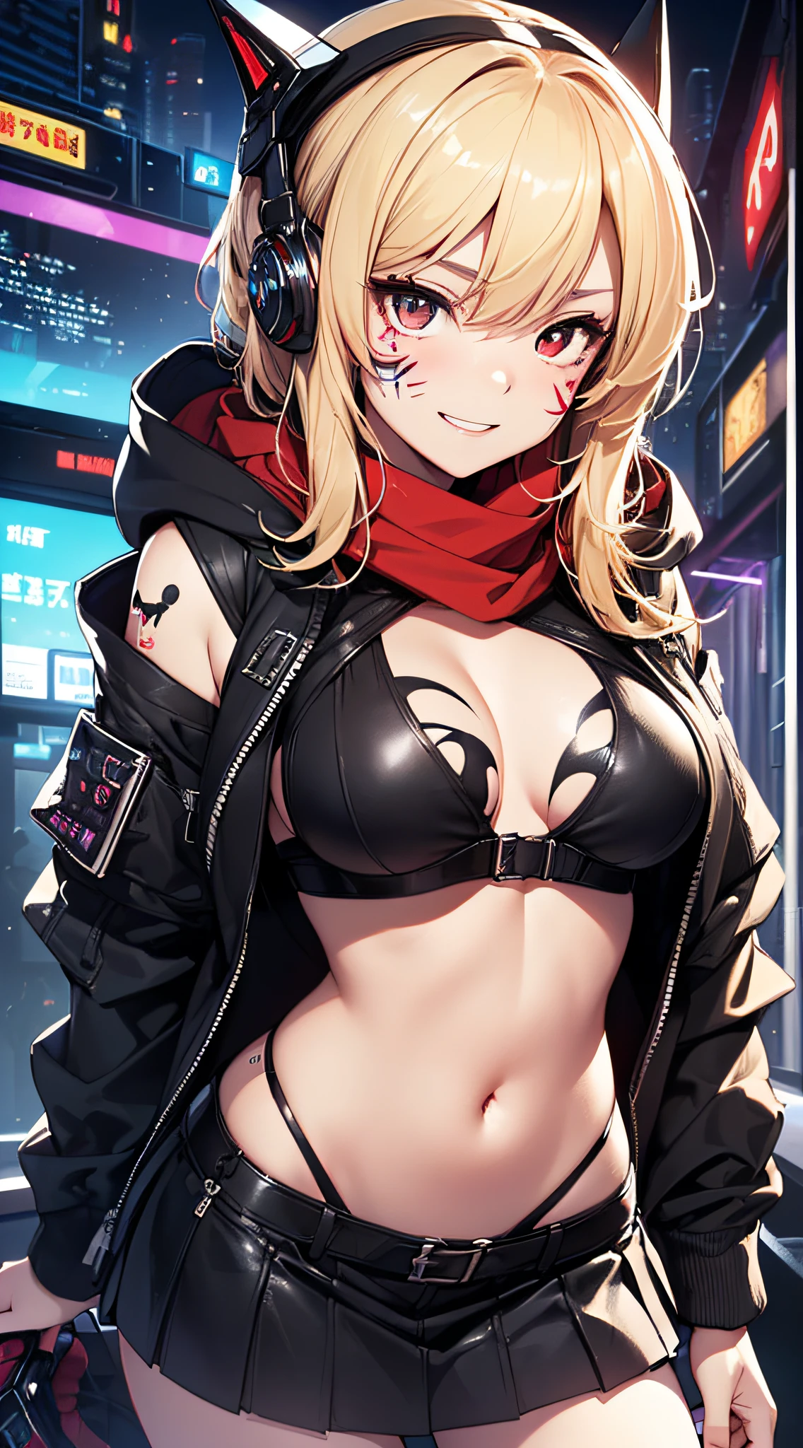 top-quality、Top image quality、masterpiece、girl with((18year old、Blue navel tank top、Black short skirt、White hoodie、Best Bust、Bust 90、Blonde Away Tail、Red Eyes、open chest wide、Valley、Happiness、A slender、ssmile、Red Face Paint、Black scarf、Reflecting the whole body、Gao's Pose、Slouched))hiquality、Beautiful Art、Background with((nightcity、cyberpunked、nightclubs))、masutepiece、Elaborate design、visualart、