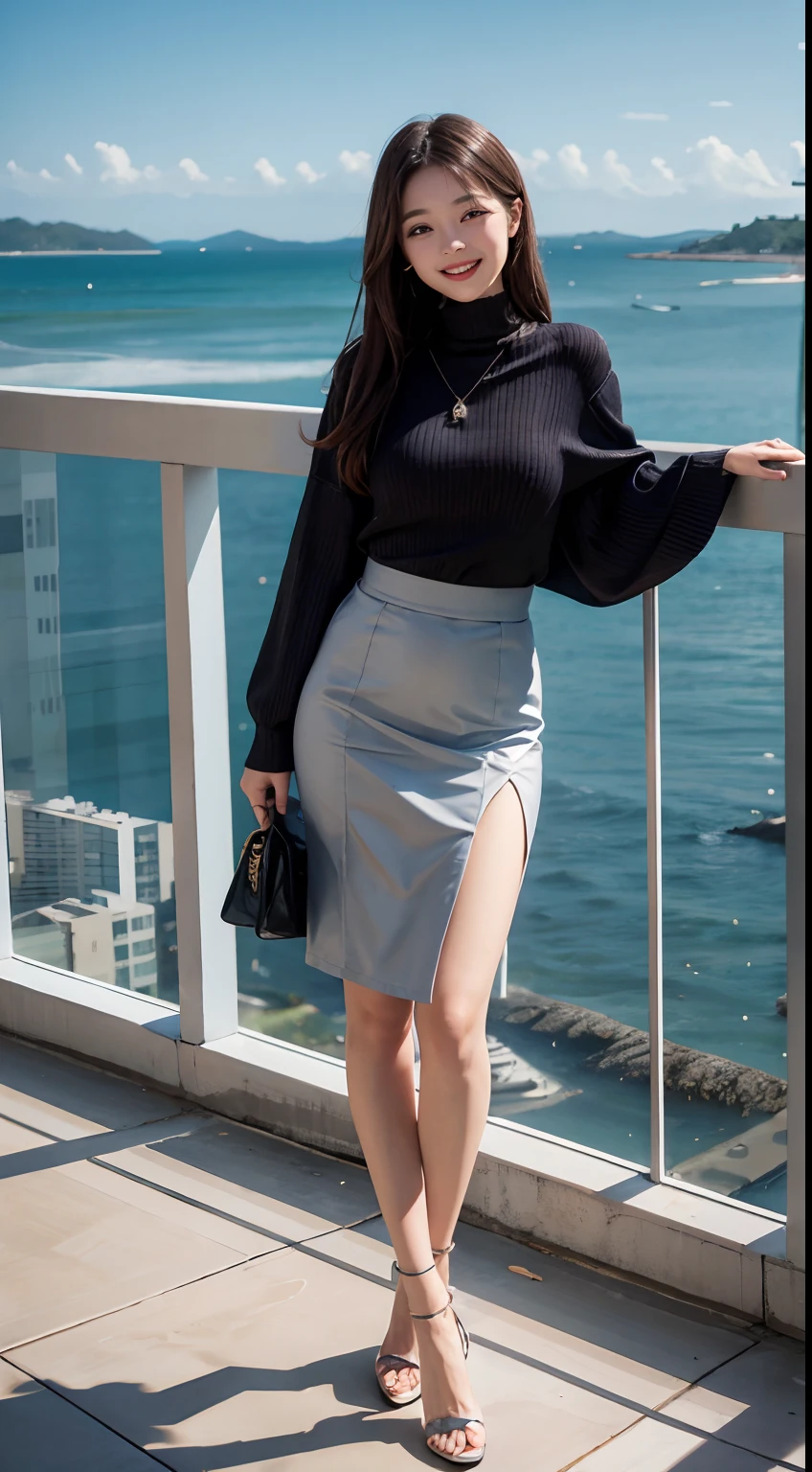 Smiling tall woman in skirt living in city with sea view,Masterpiece,best qualtiy,full body shot shot
