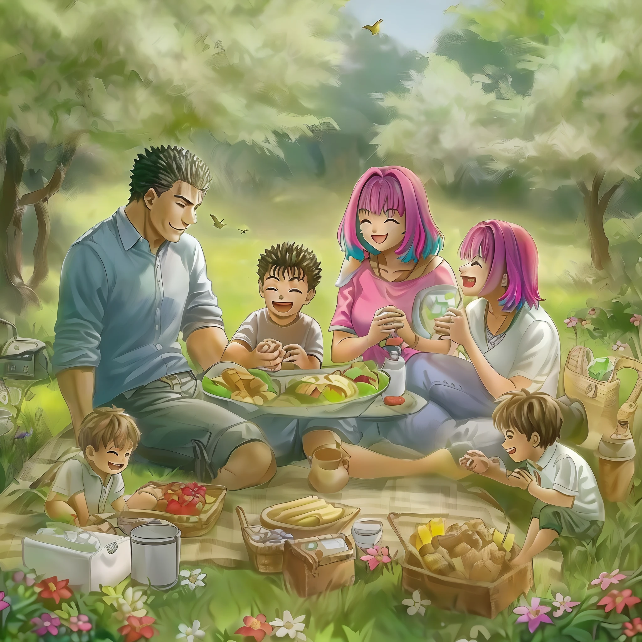 (a happy family in a picnic garden),(riamu as a motherly figure),(riamu and her husband spending quality time),(a couple enjoying the outdoors),(riamu's children playing and having fun),(guts as a loving and caring father),(a loving husband and wife),(riamu and her son sharing a joyful bond),(a happy and harmonious family),(the joyful laughter of children),(the warmth of family bonds),(a picturesque garden scene),(the vibrant colors of nature),(the soft sunlight filtering through the trees),(a peaceful and serene atmosphere),(guts and riamu surrounded by blooming flowers),(the scent of freshly cut grass),(a delicious picnic spread with a variety of food),(the sound of birds chirping),(the feeling of grass beneath their feet),(the love and happiness radiating from the family),(a moment of pure joy and togetherness),(a snapshot of a perfect family outing),(a memory to be cherished forever)
