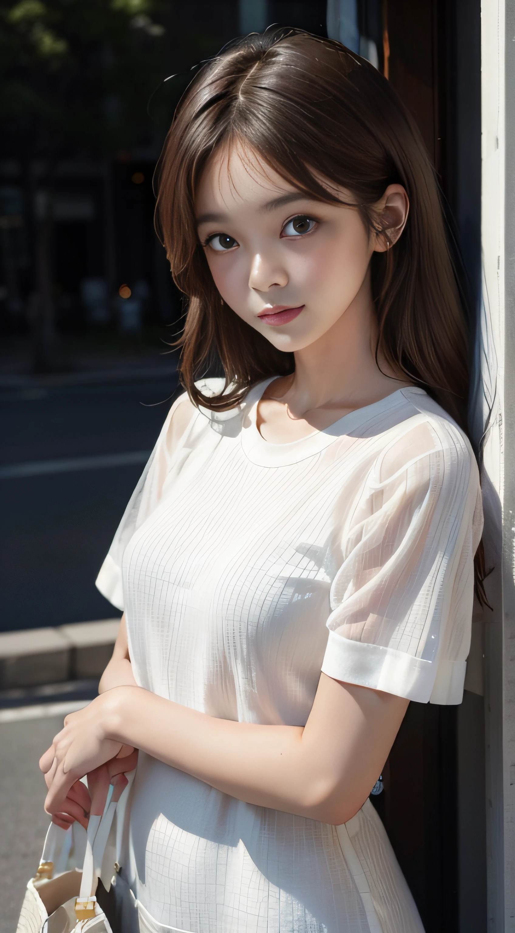 masterpiece、Top image quality:1.2、((beautiful young woman with))、Transparent skin:1.2、{A slight smil}、(kawaii)、Short sleeve knit、luxury hotel、depth of fields
