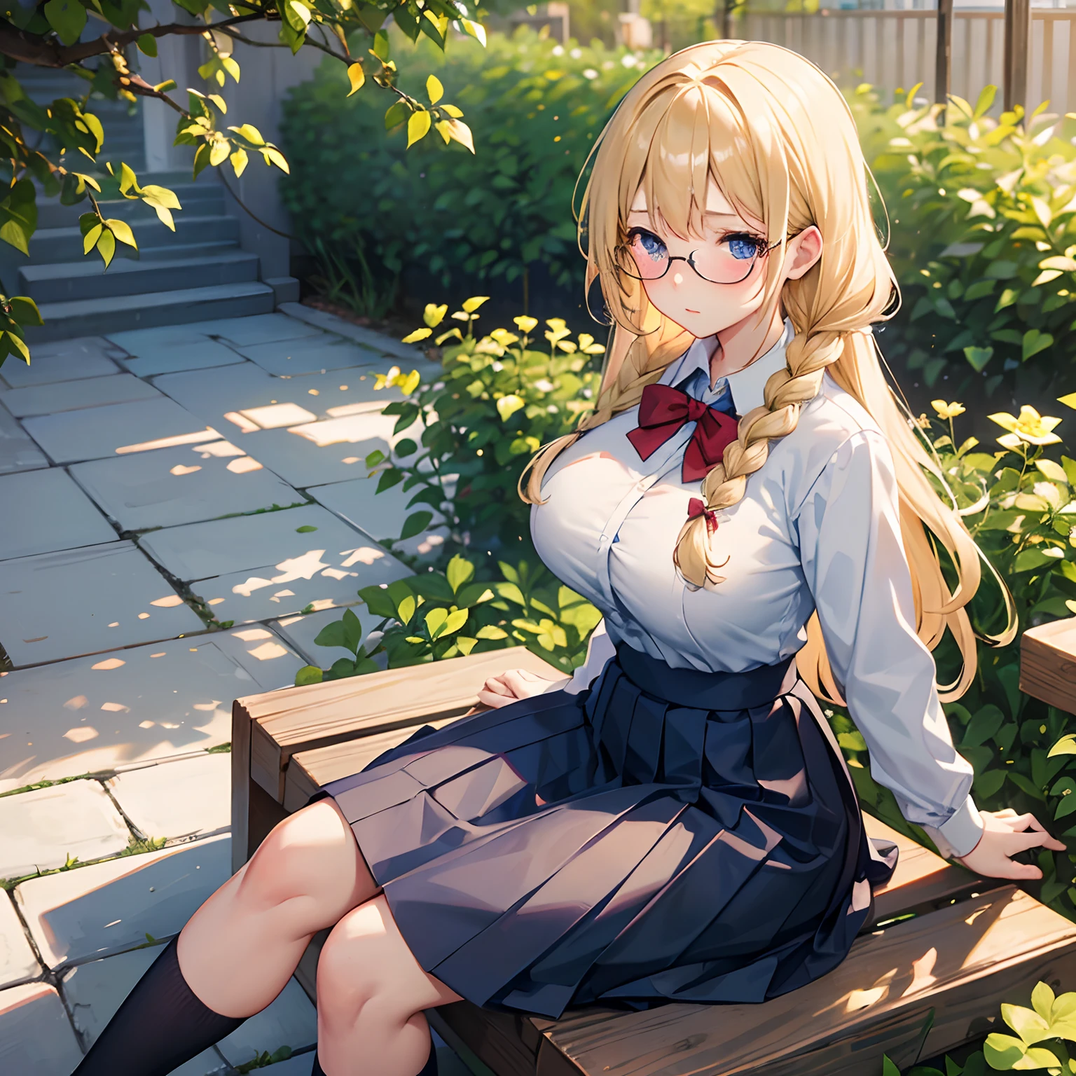 Blonde, single braid hair, (big tits), solo, blush face, blue eyes, school uniform, long skirt, round glasses, standing pose, at school garden, sitting on branch, calm face