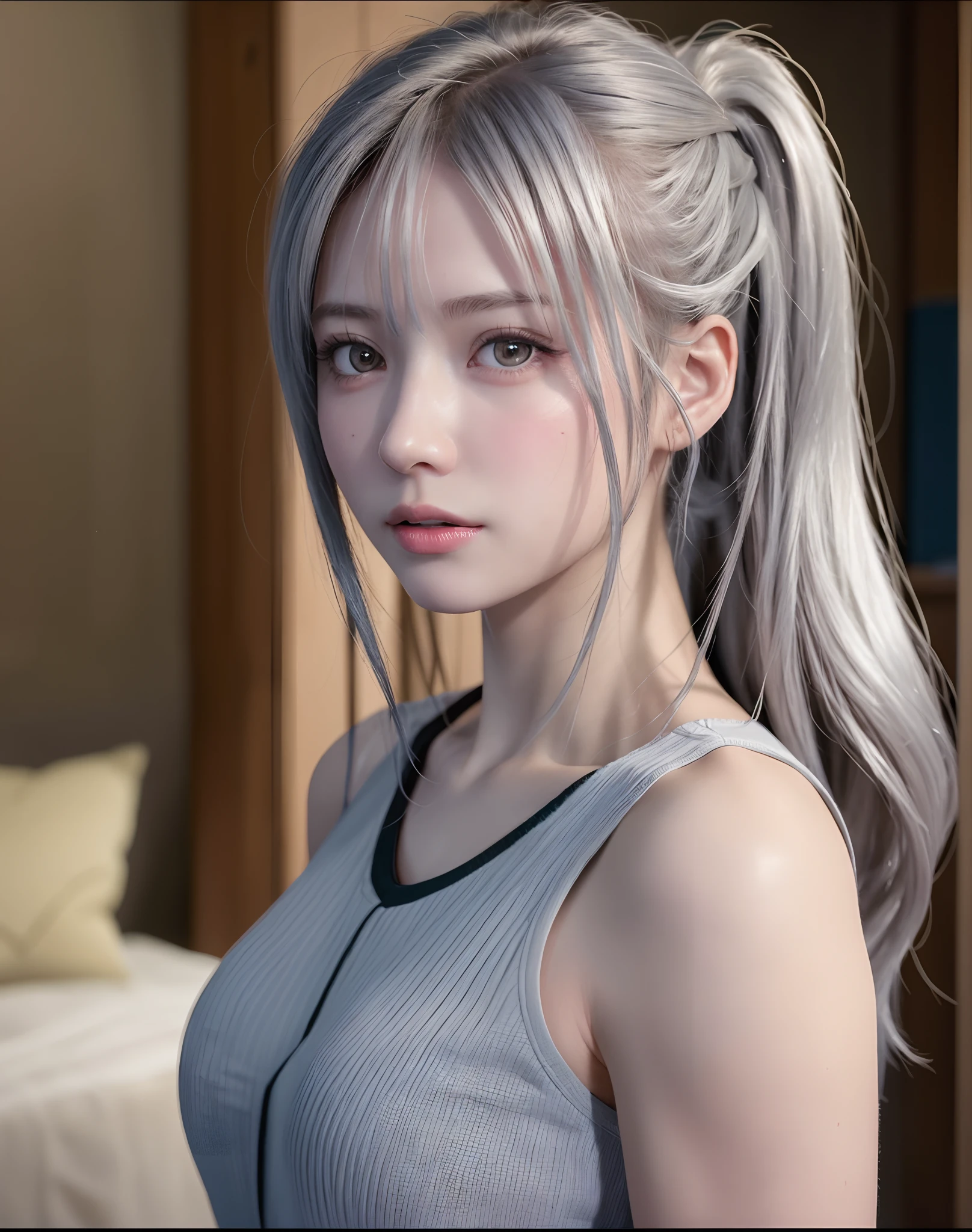 top-quality、8K Masterpiece、超A high resolution、(Photorealsitic:1.3)、Raw photo、1人、silver white hair、poneyTail、glowy skin、1 super beautiful college girl、((super realistic details))、portlate、globalillumination、Shadow、octan render、8K、ultrasharp、very intricate...
